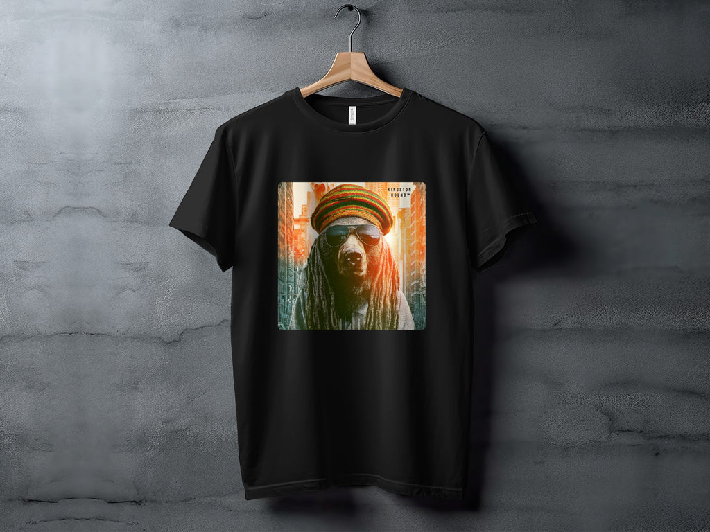 Black t-shirt with a graphic of a dog wearing sunglasses and a hat.