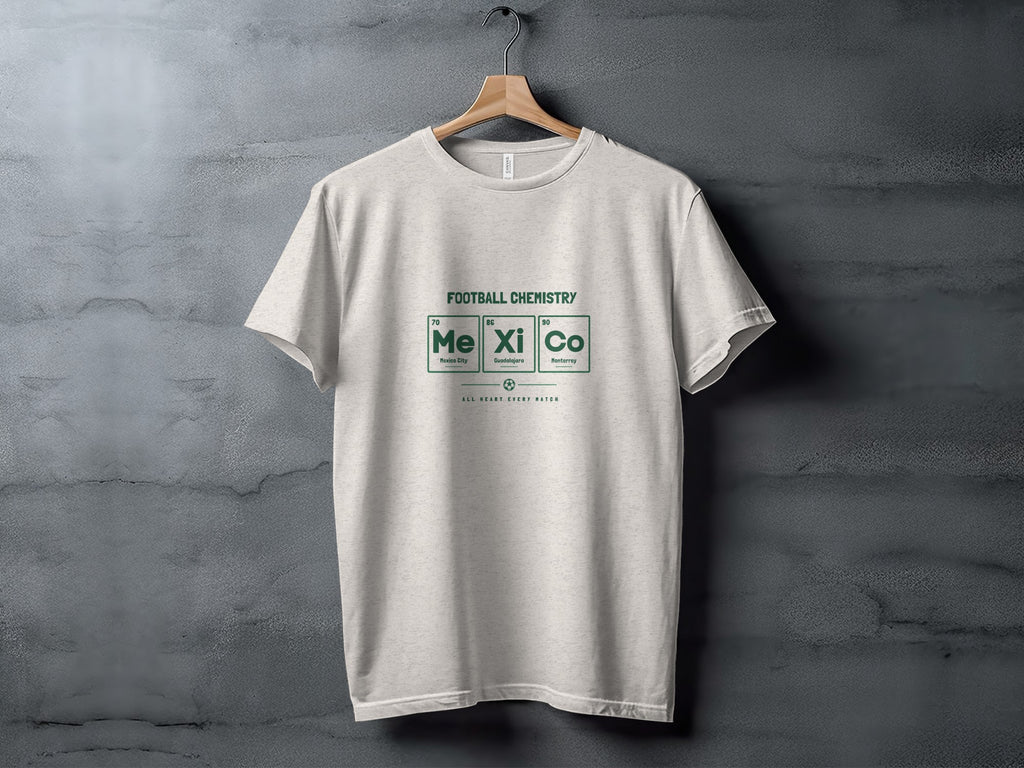 T-shirt with "Football Chemistry" Periodic Table design featuring Mexico City, Guadalajara, Monterrey.