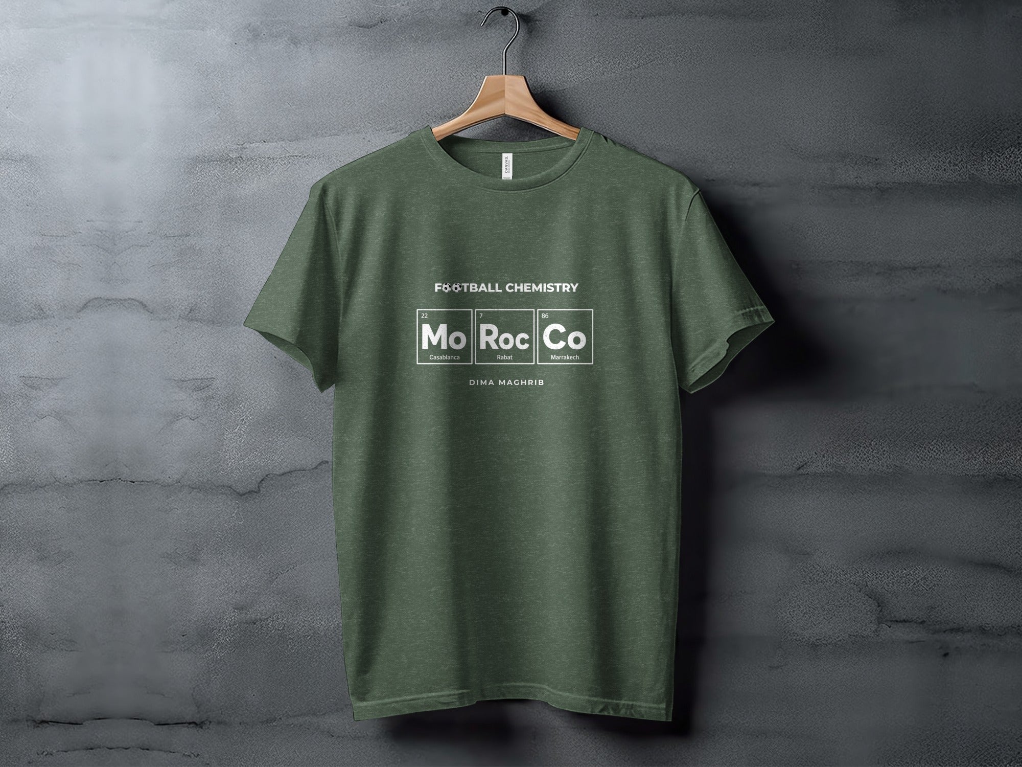 Green t-shirt with "Football Chemistry" and Moroccan cities.