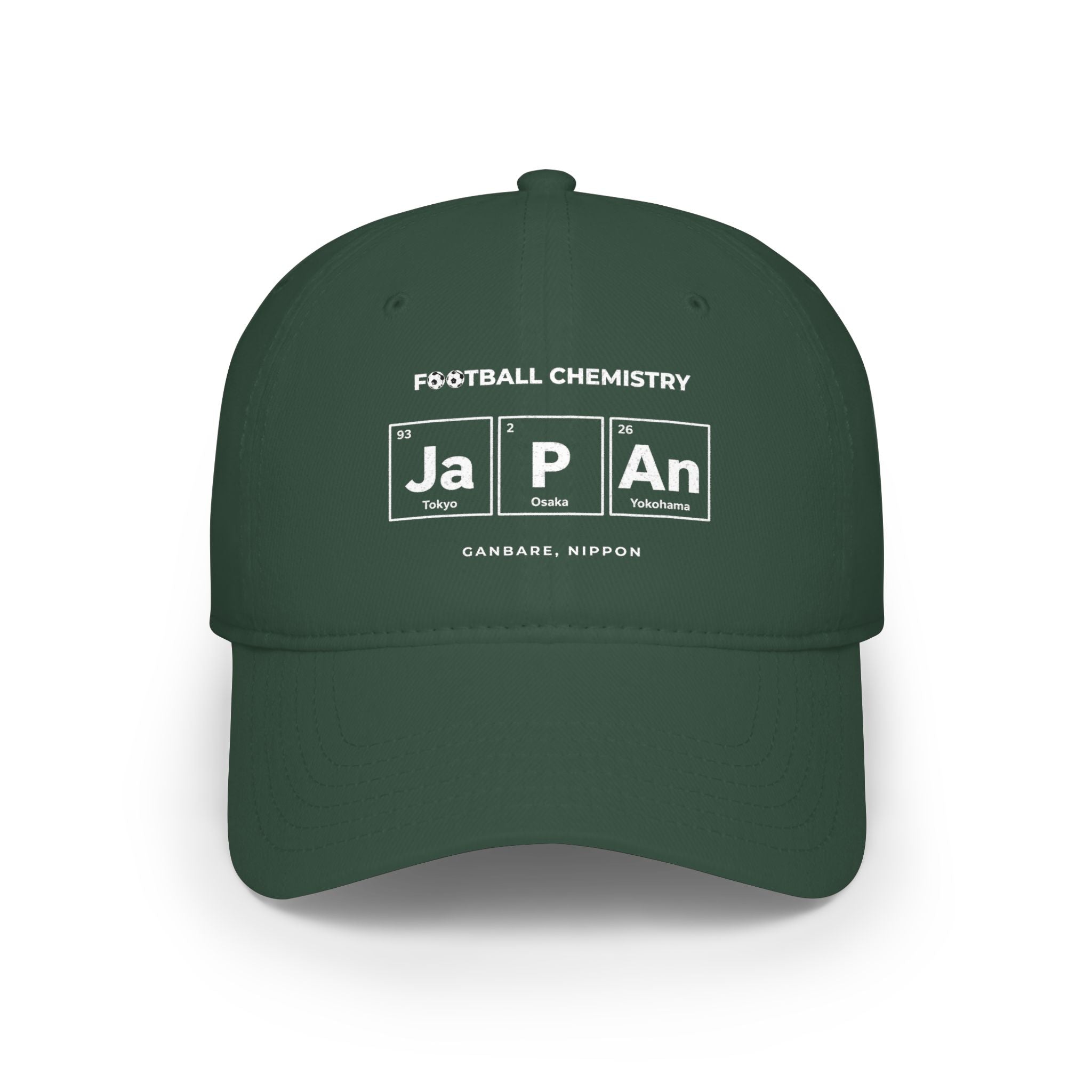 Green baseball cap with "FOOTBALL CHEMISTRY" and periodic table elements "Ja", "P", "An" representing Japan.