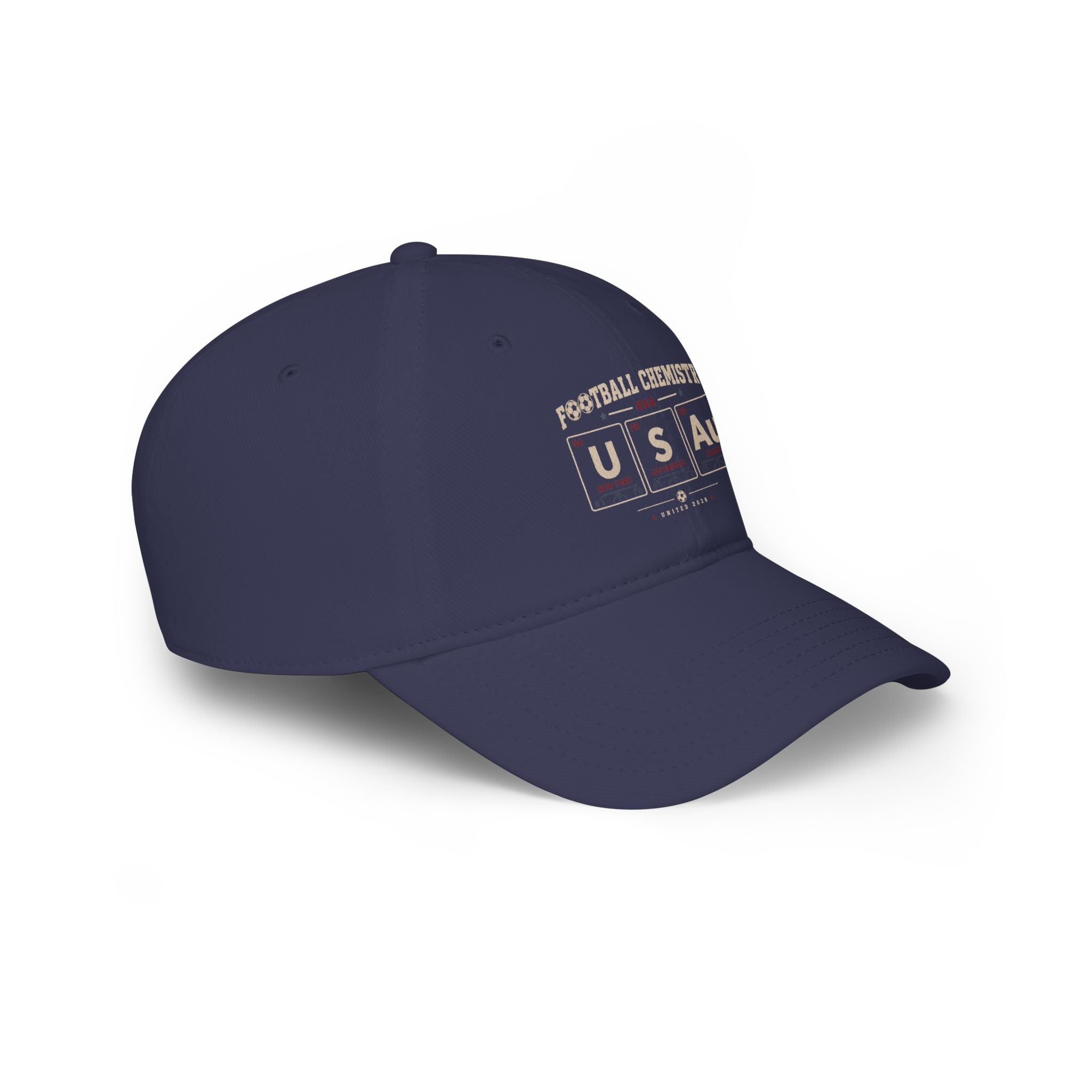 Navy blue baseball cap with "FOOTBALL CHEMISTRY" and "USA" text.