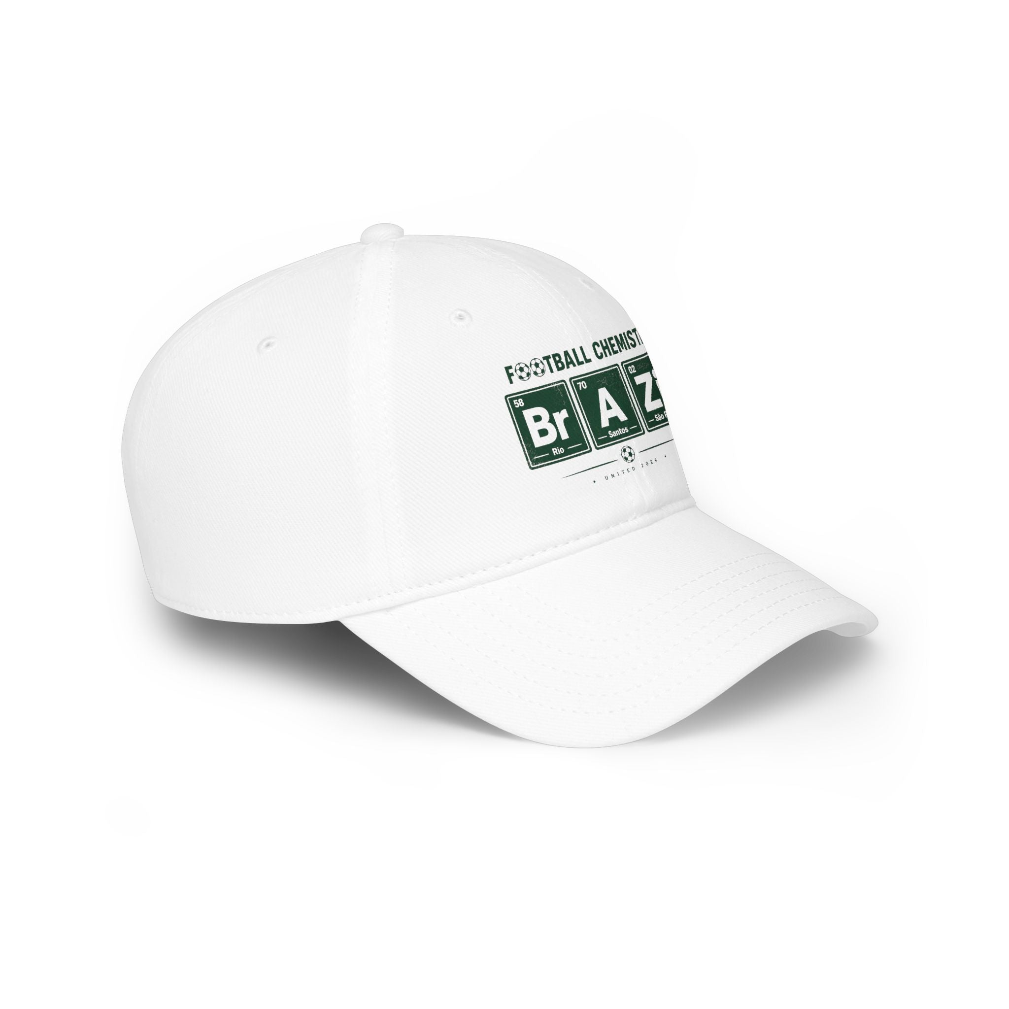 White baseball cap with "Football Chemistry BRAZ" in periodic table elements.