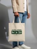 Cream tote bag with "Football Chemistry Brazil" Periodic Table design.