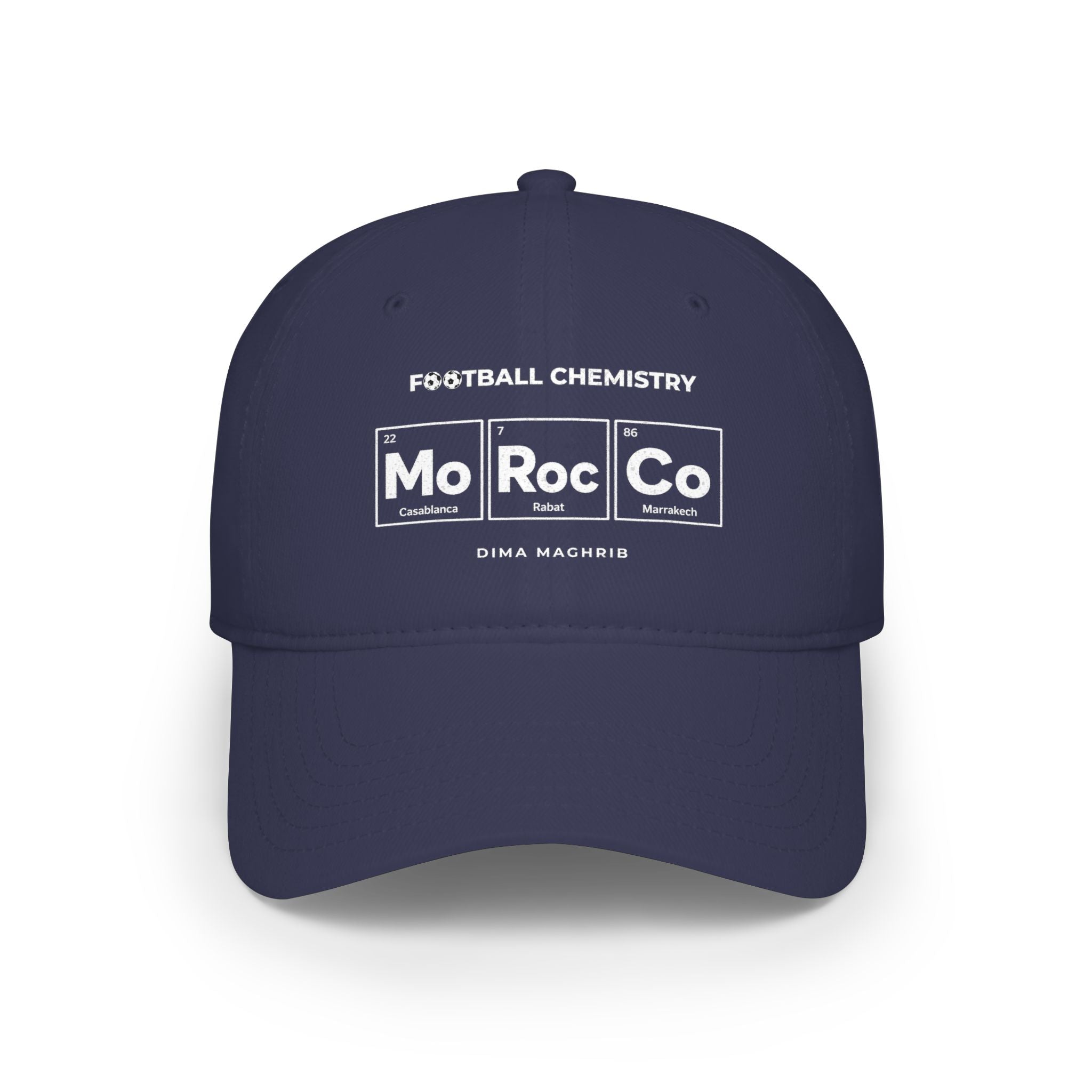 Navy blue baseball cap with "FOOTBALL CHEMISTRY" and "Mo Roc Co" text.
