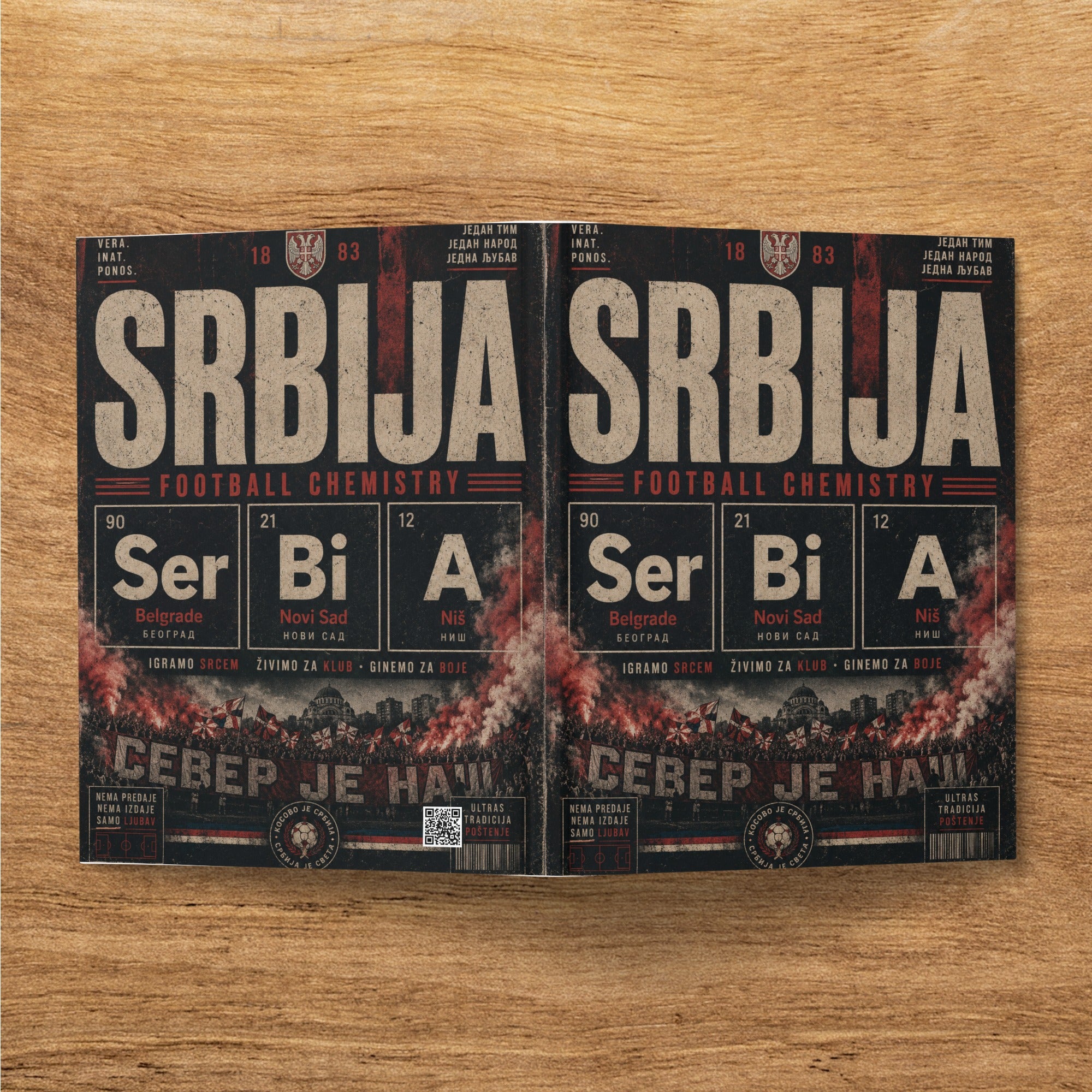 "Srbija Football Chemistry" shirt with city names and Serbian patriotic slogans.