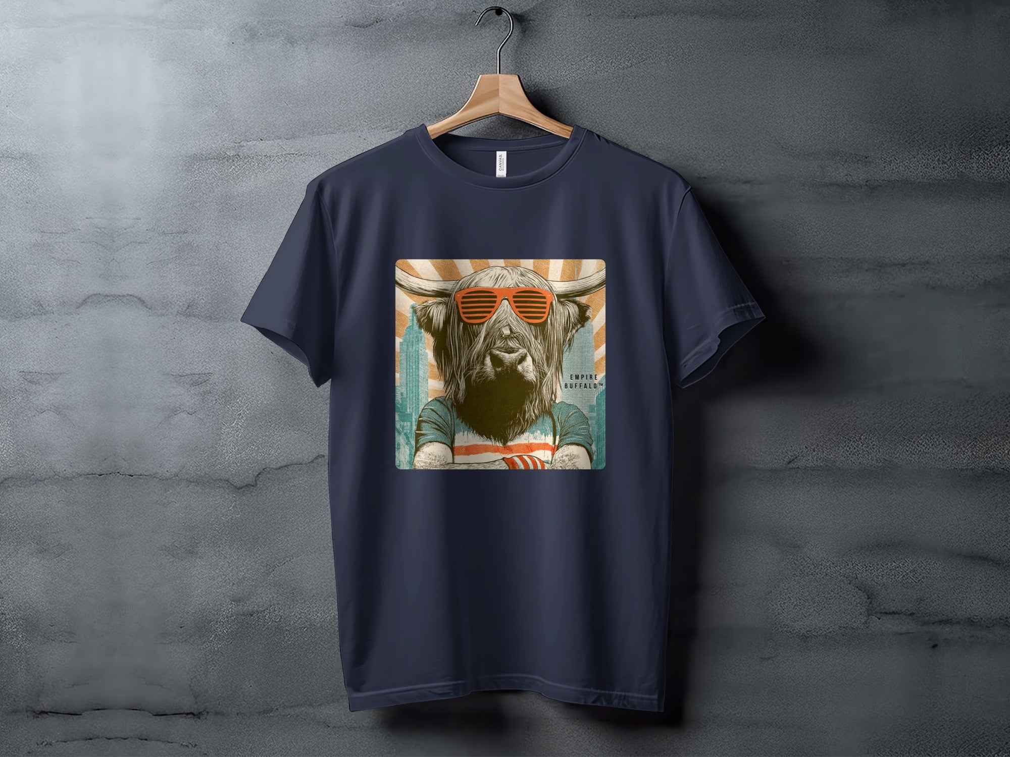 Navy t-shirt with a Highland cow wearing sunglasses and a striped shirt.