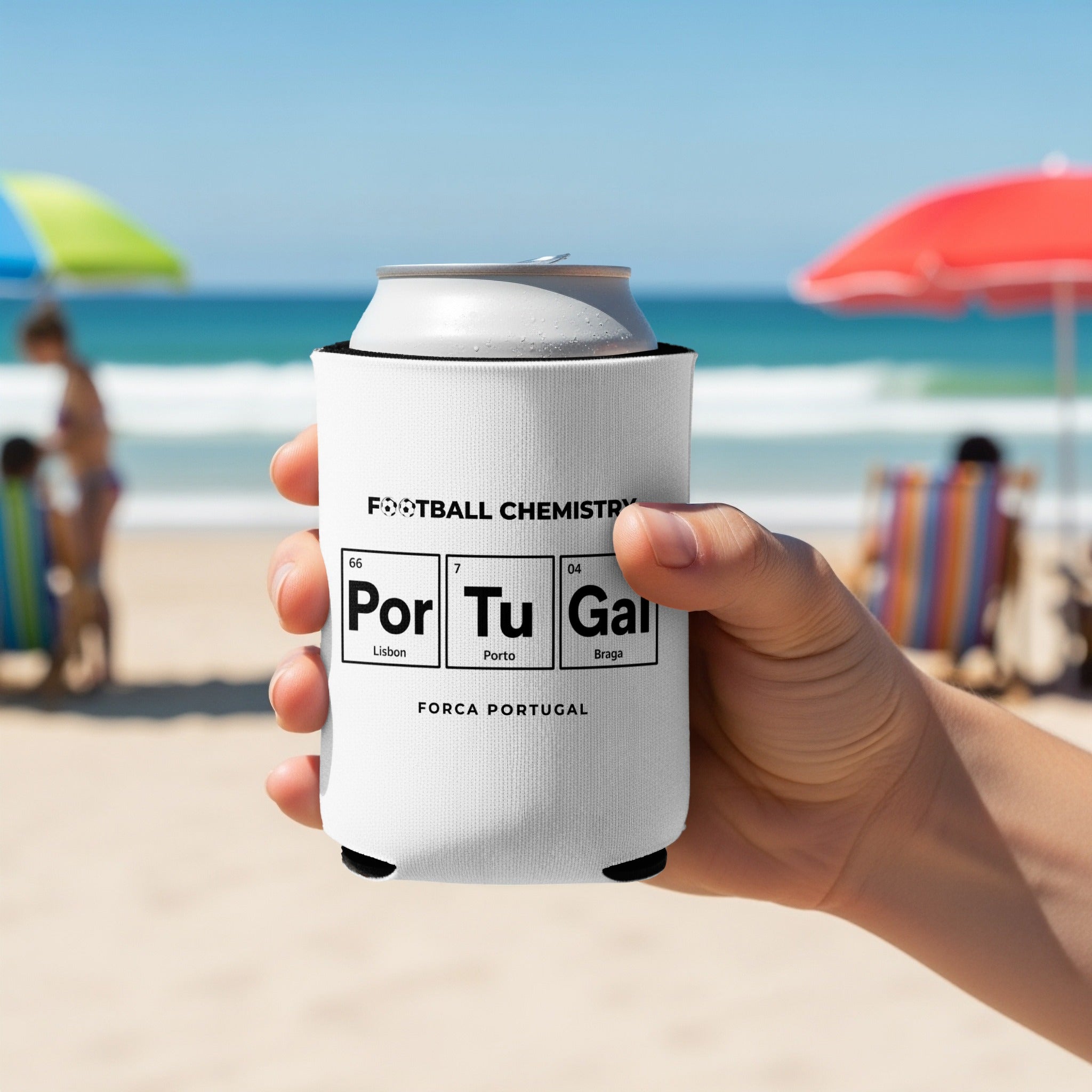 White can cooler with "FORCA PORTUGAL" text and football chemistry graphic.