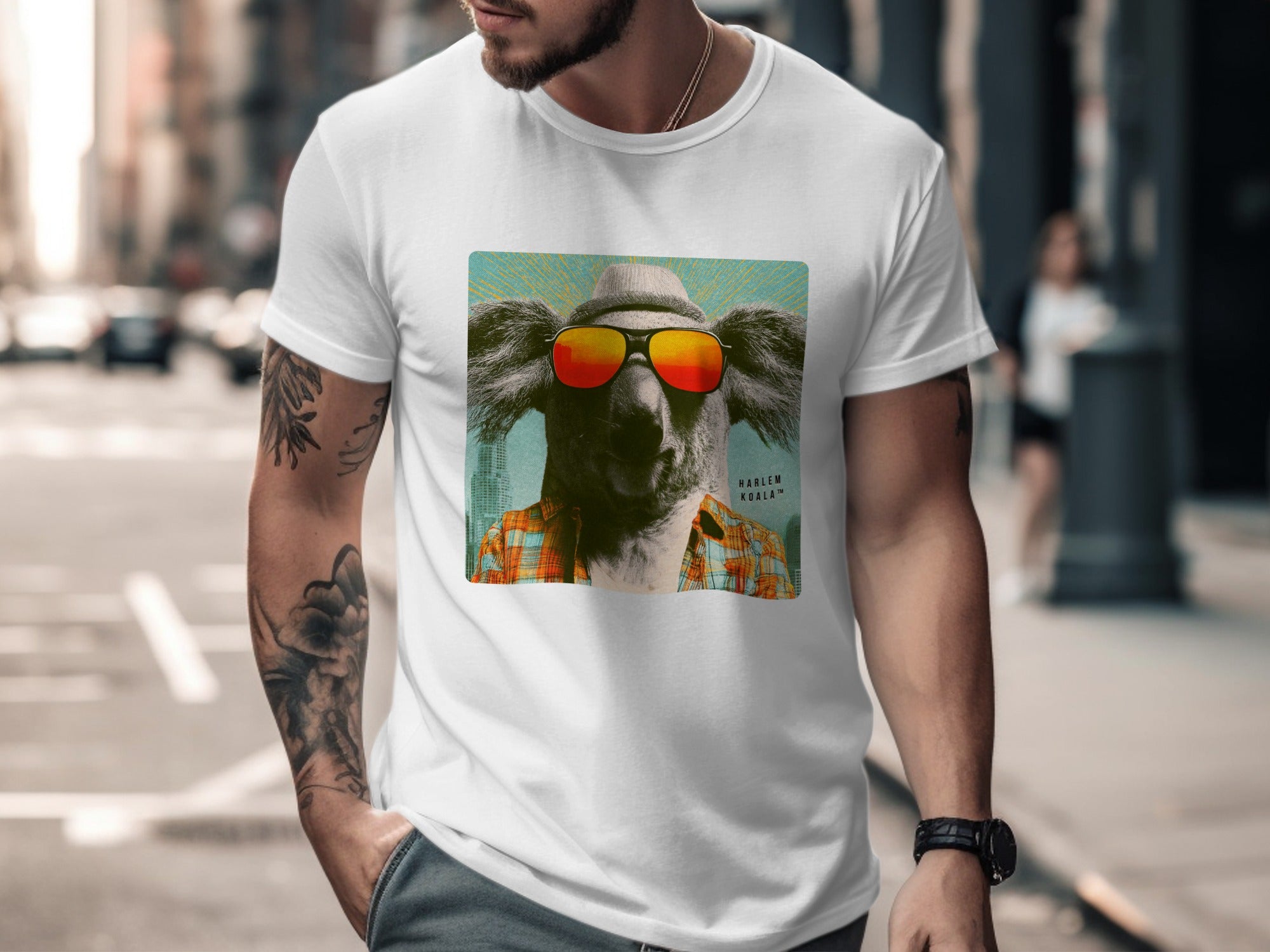 T-shirt featuring a koala wearing sunglasses and a plaid shirt.
