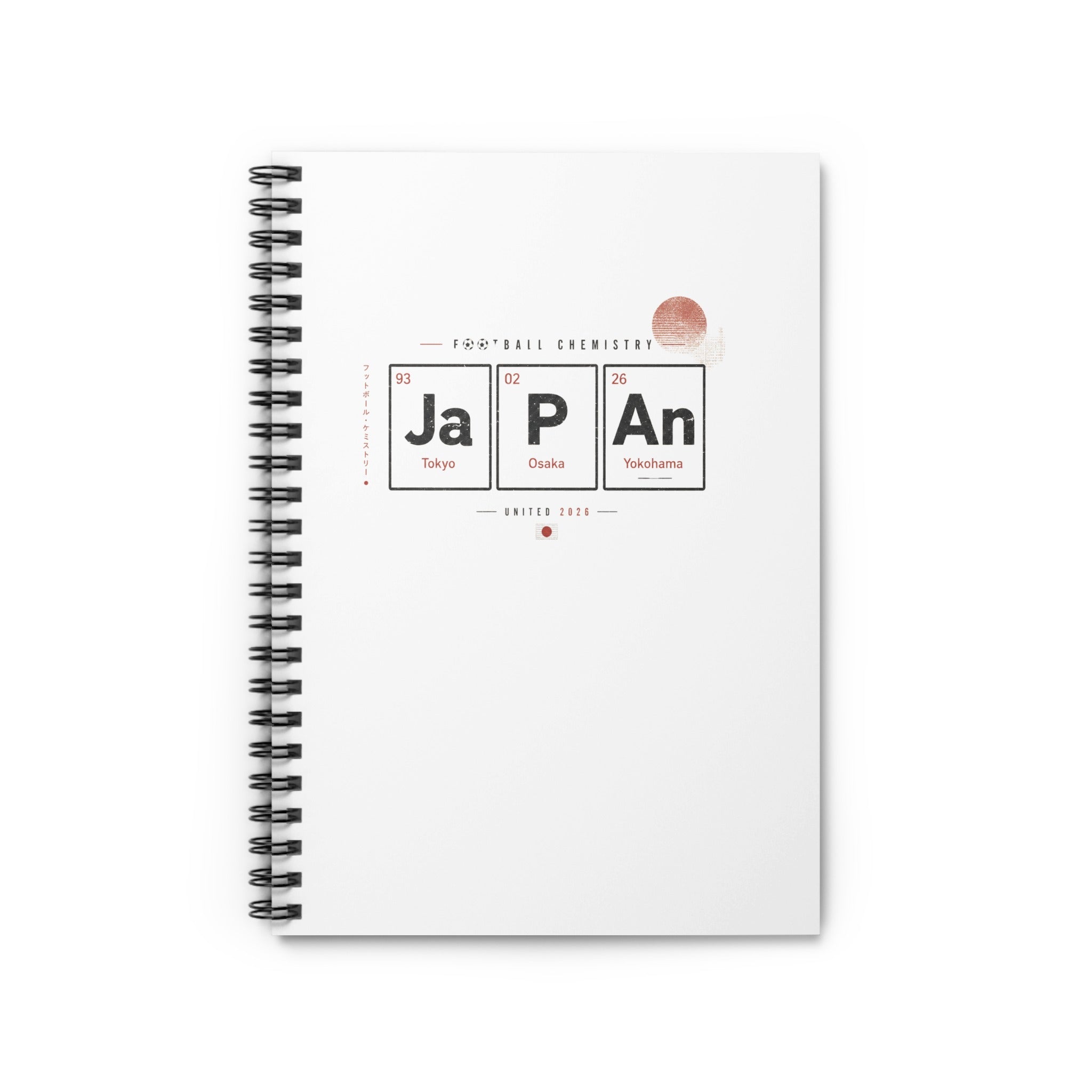 Notebook cover with "FOOTBALL CHEMISTRY" and periodic table elements for Japan.