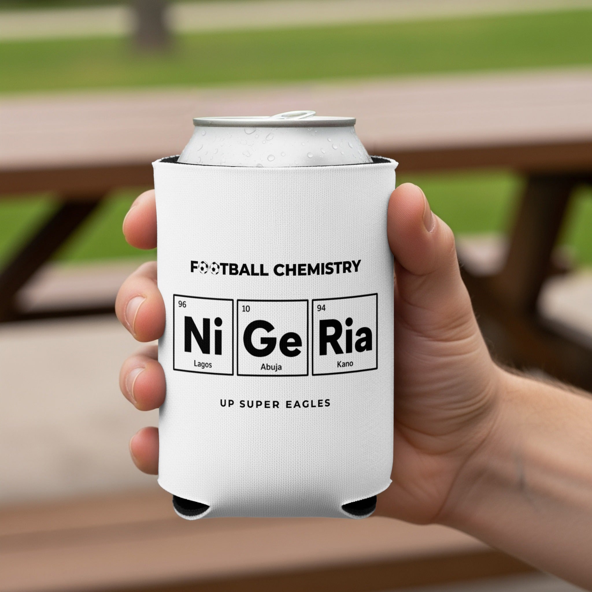 White can cooler with "Nigeria" in periodic table style and "Football Chemistry" text.