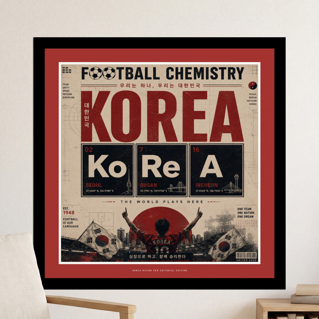 Football Chemistry poster with Korea map, cities, and text in English and Korean.