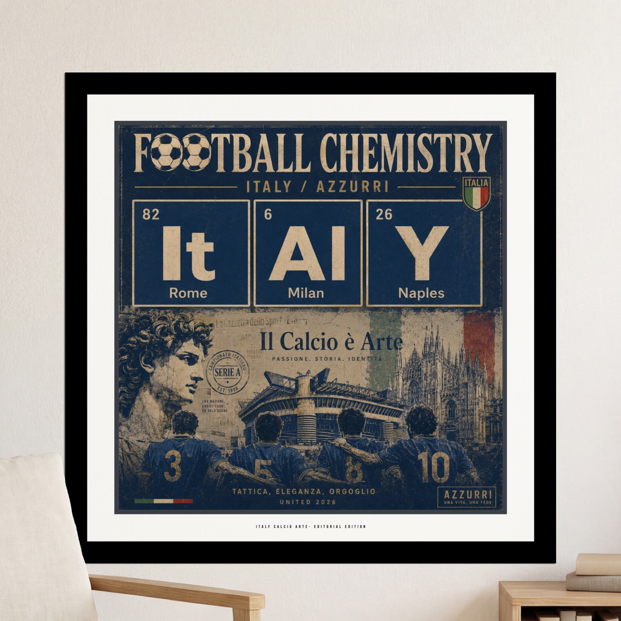 Periodic table art with "It AlY" and Italian football team silhouette.