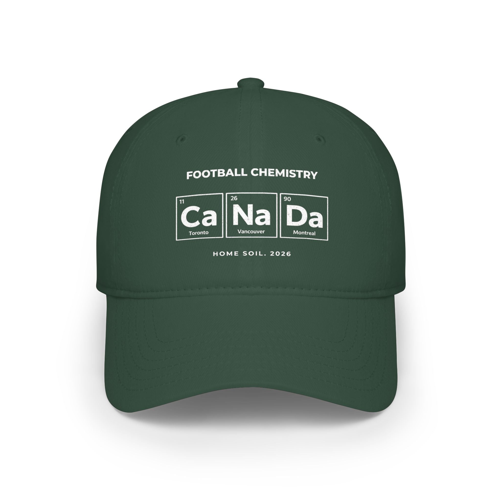 Dark green baseball cap with "FOOTBALL CHEMISTRY" and chemical element symbols for Ca, Na, Da.