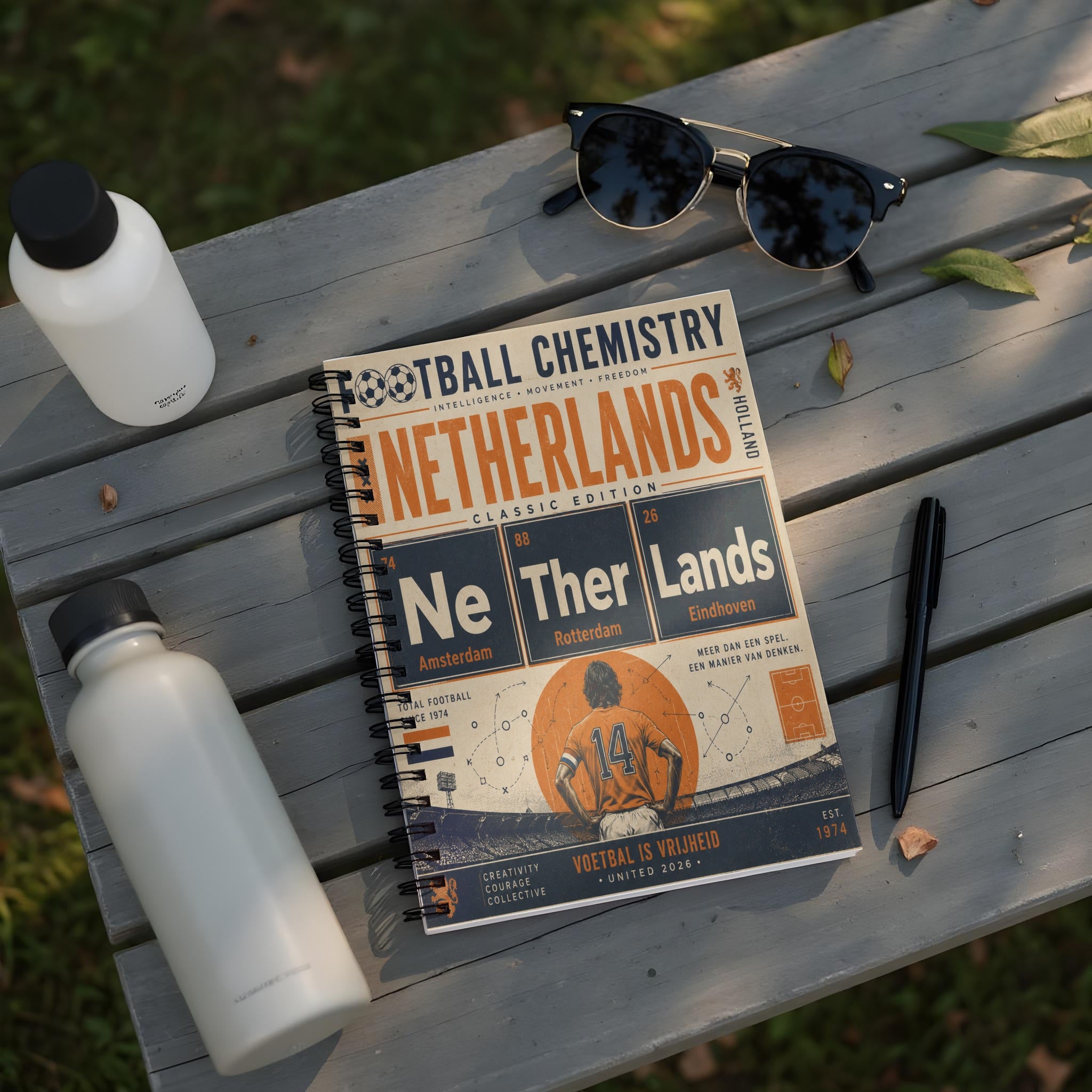 Notebook with "Football Chemistry Netherlands" cover and Dutch city names.