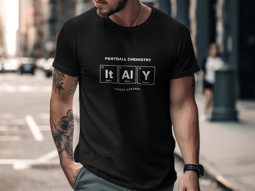 Black t-shirt with "FOOTBALL CHEMISTRY IT AI Y" and "FORZA AZZURRI" text.
