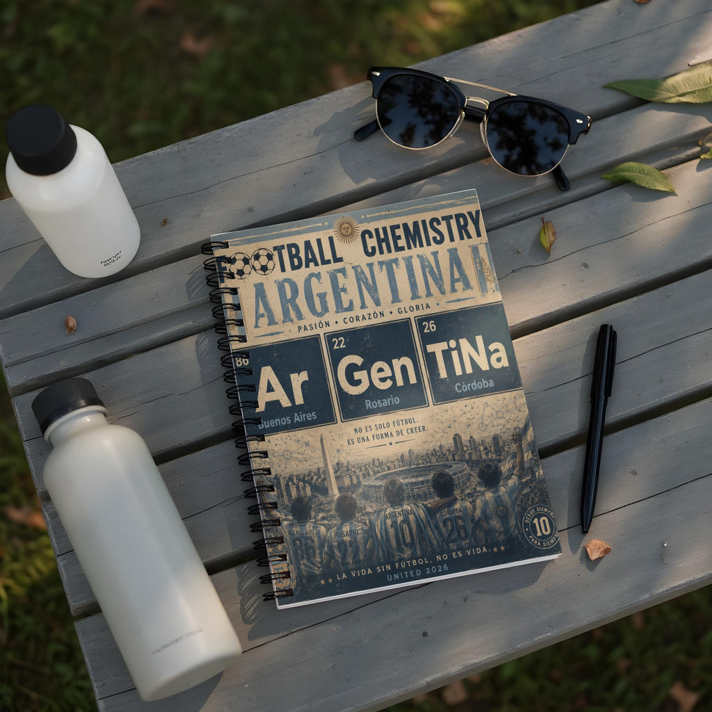 Notebook with ARGENTINA FOOTBALL CHEMISTRY design and team roster.