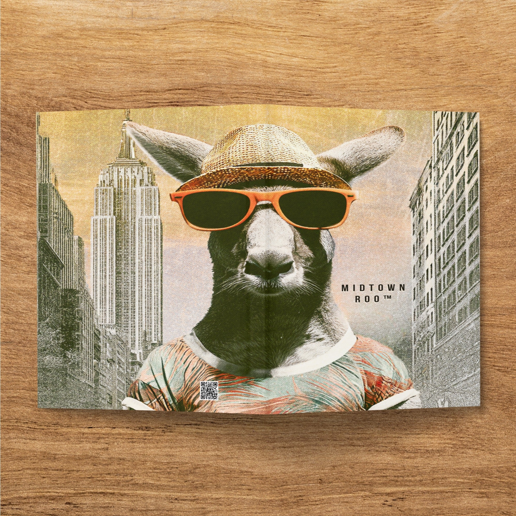 Kangaroo wearing sunglasses and hat in front of New York City skyline.