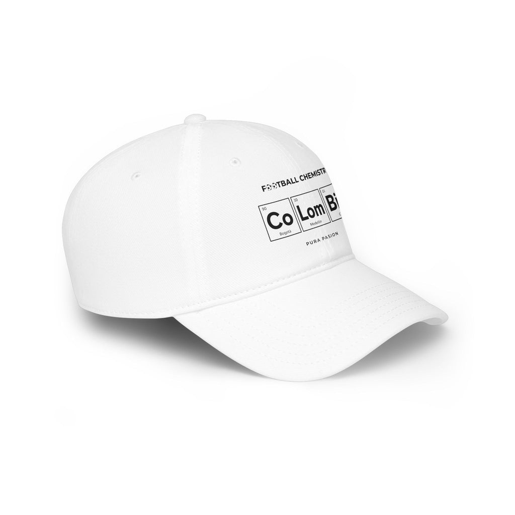 White baseball cap with "FOOTBALL CHEMISTRY" and "Colombia" in periodic table style.