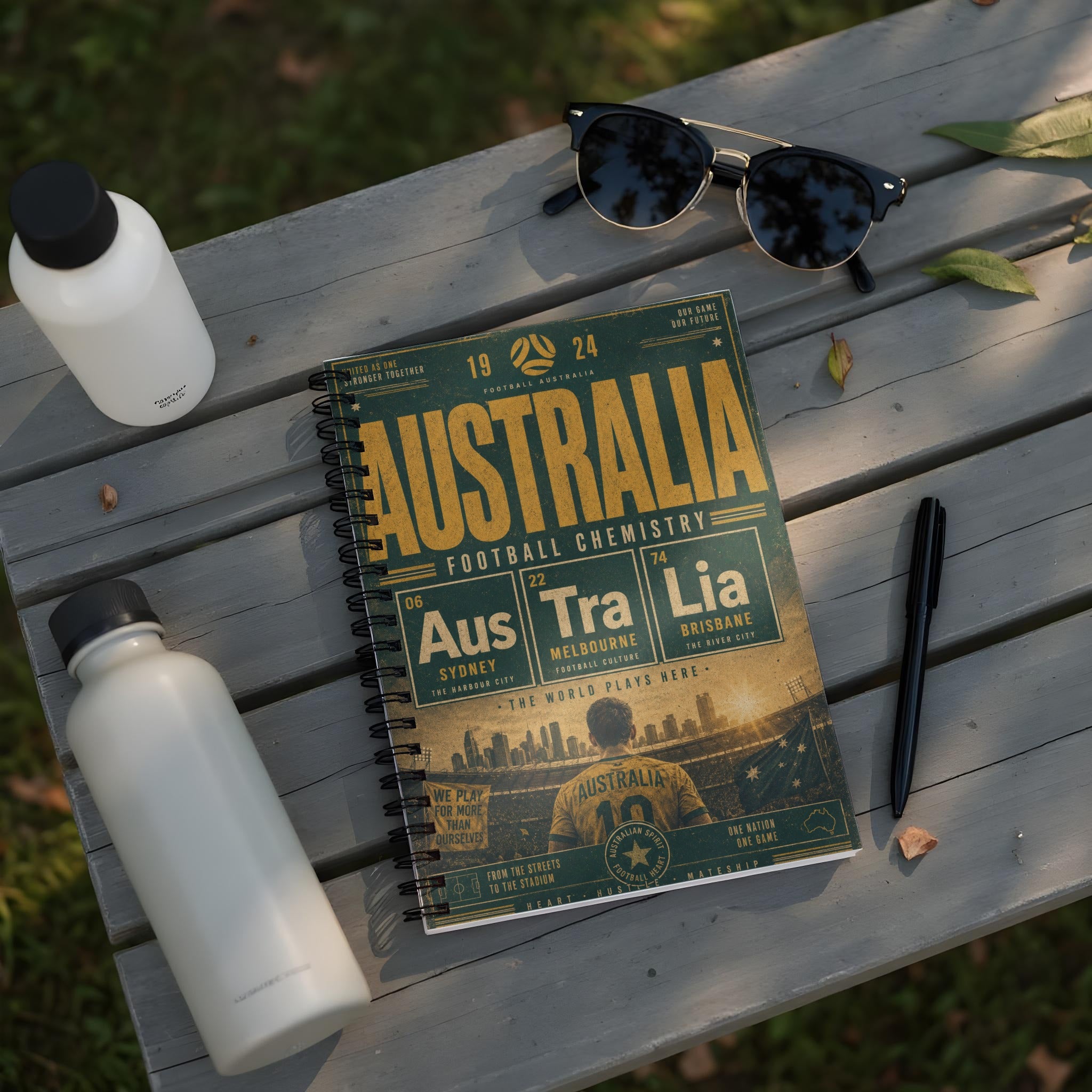 Notebook cover with "AUSTRALIA FOOTBALL CHEMISTRY" and team details.