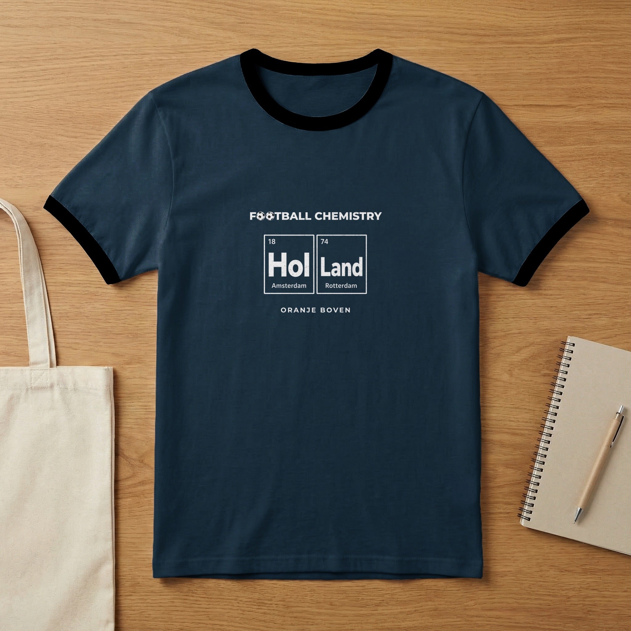 Dark blue ringer t-shirt with "Football Chemistry" and periodic table elements for Holland and Amsterdam.