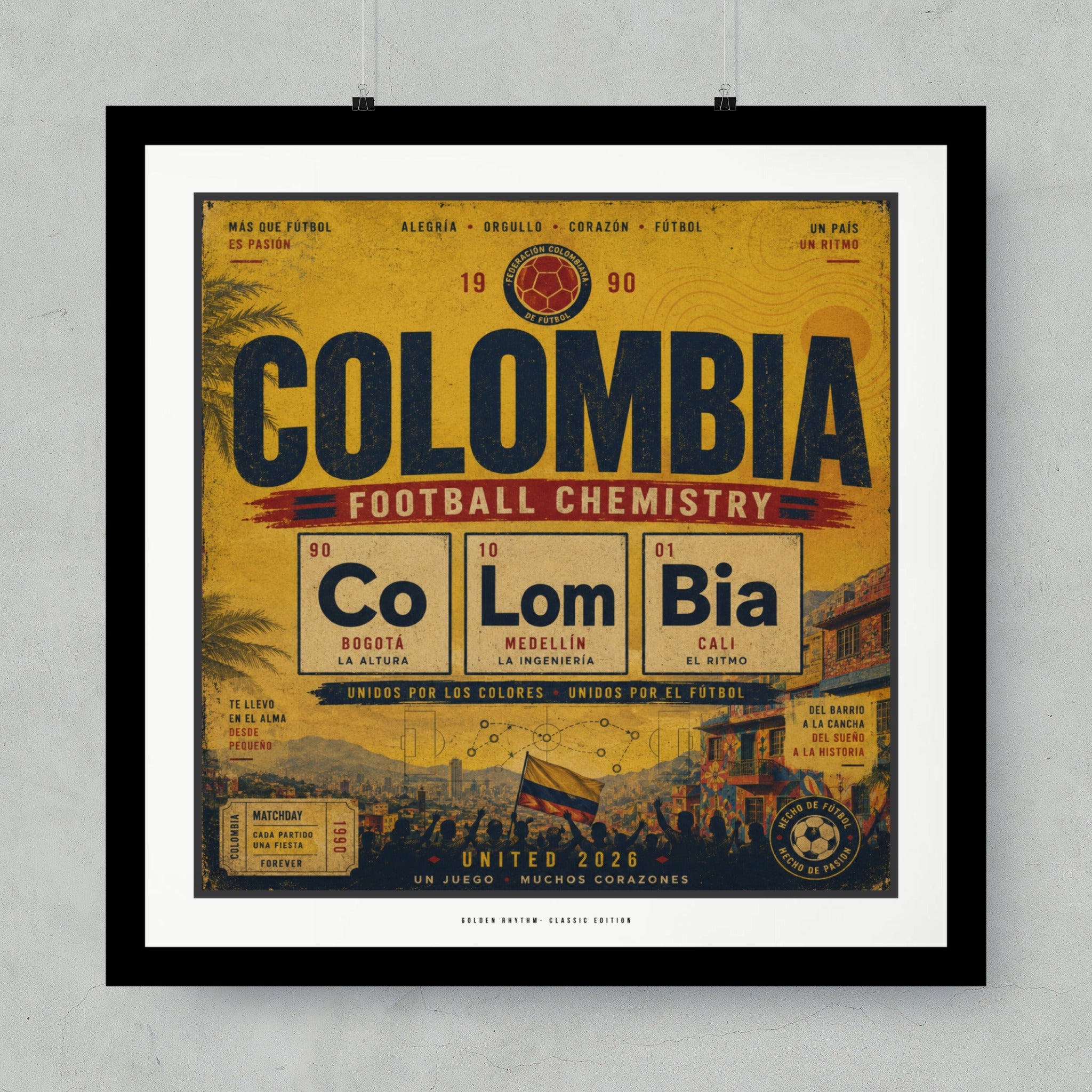 Colombia Football Chemistry poster with city names and slogans.