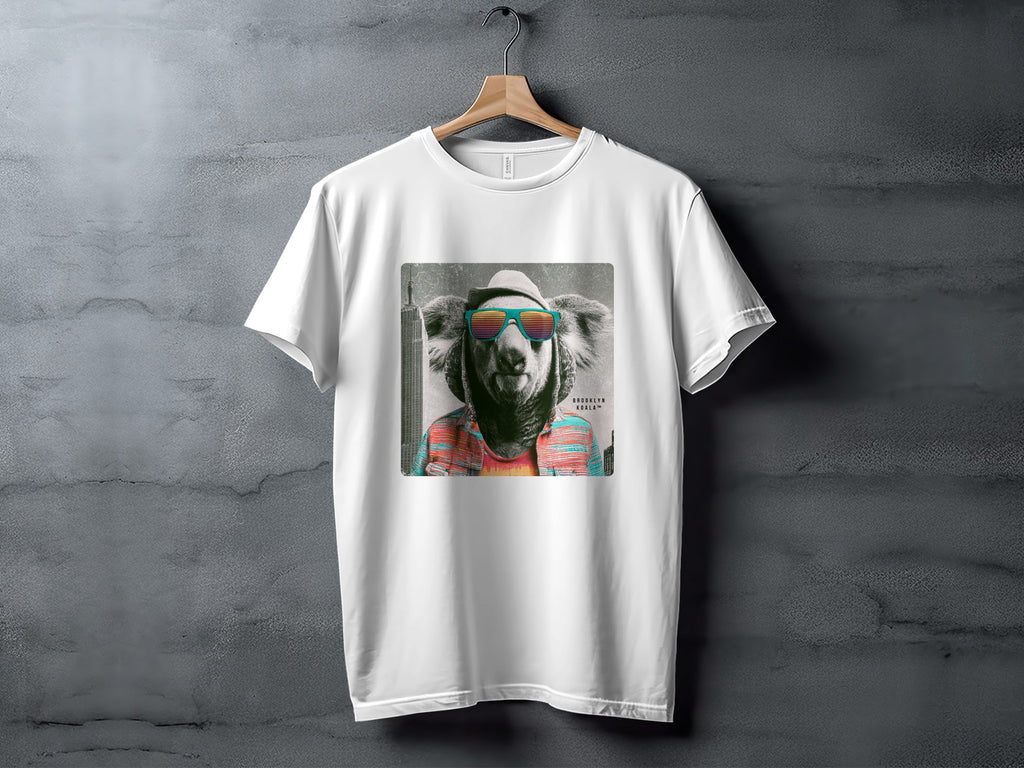 White t-shirt with graphic of a cool koala wearing sunglasses and a hat.