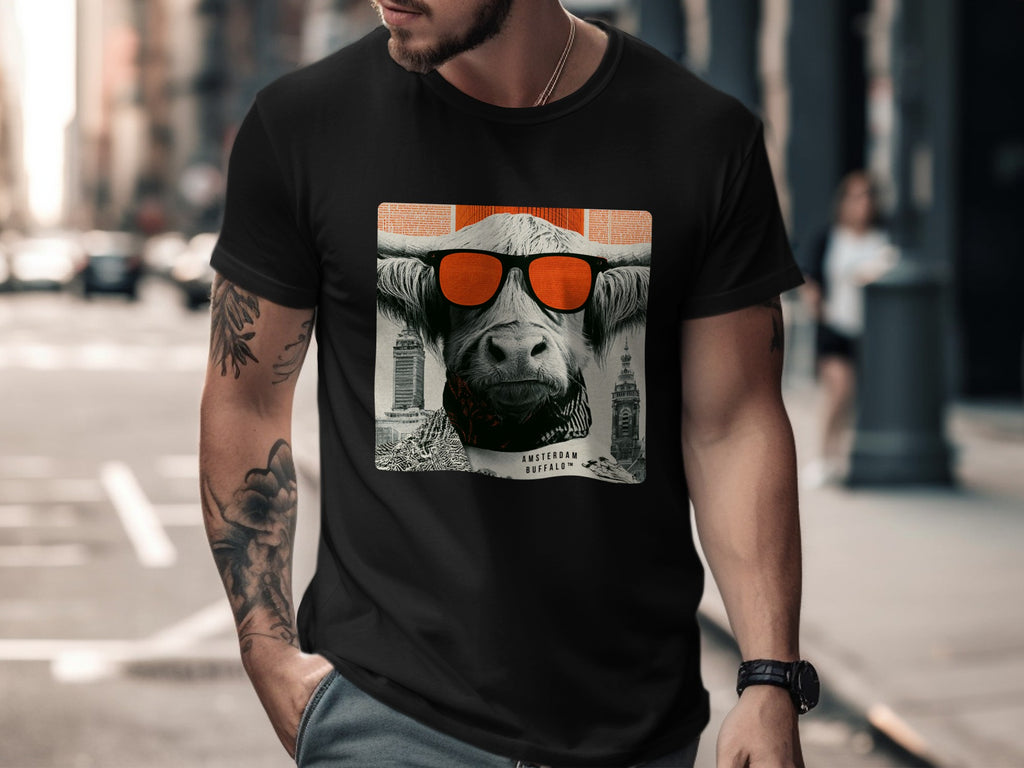 Black t-shirt with buffalo wearing sunglasses and "Amsterdam Buffalo" text.