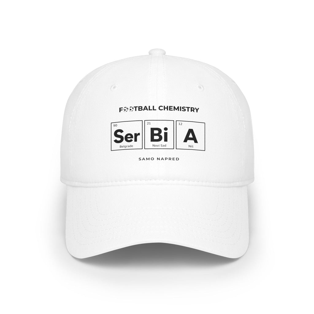 White baseball cap with "Football Chemistry Ser Bi A" and "Samo Napred" text.