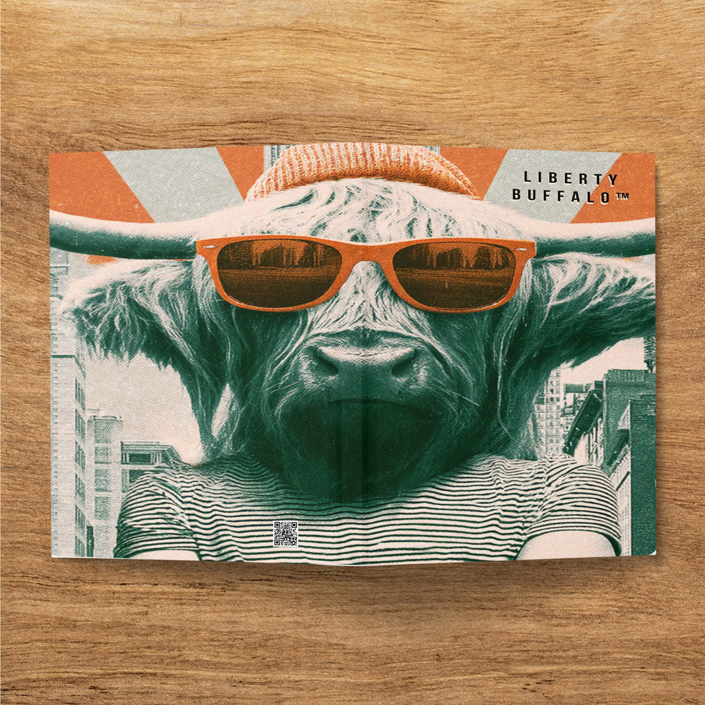 Highland cow wearing sunglasses and beanie, Liberty Buffalo logo.