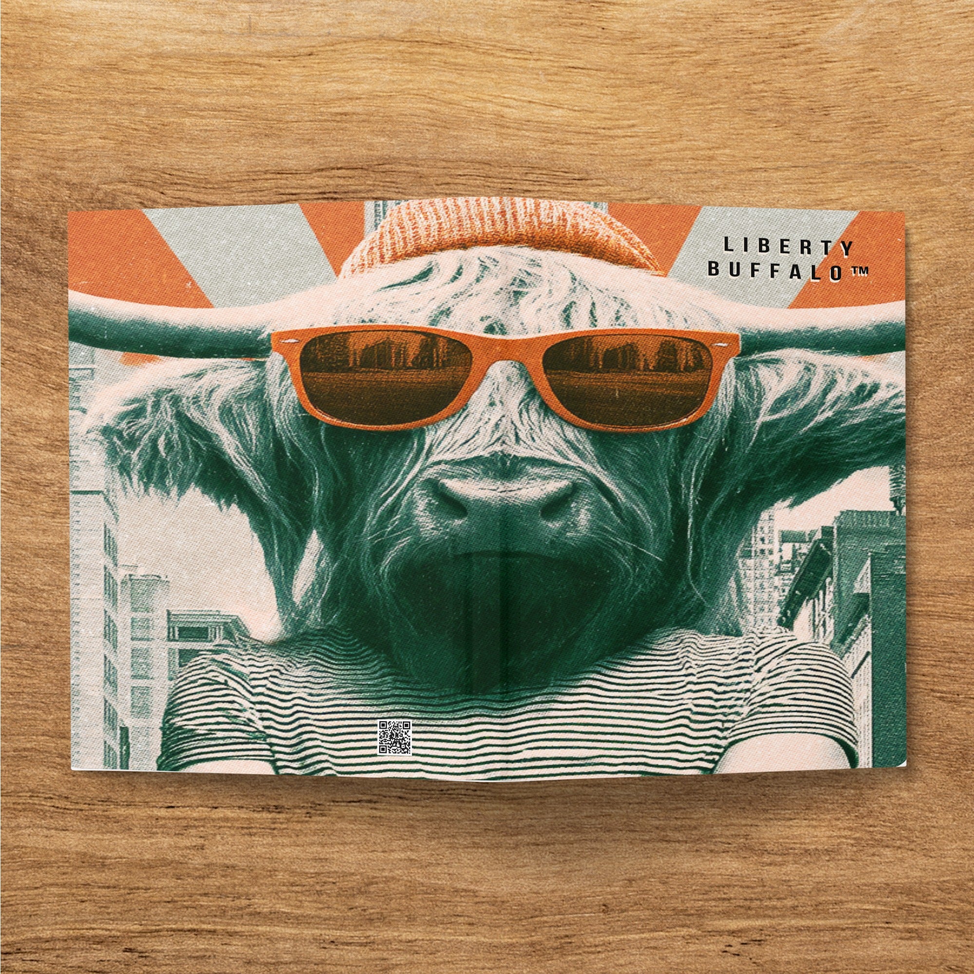 Highland cow wearing sunglasses and beanie, Liberty Buffalo logo.