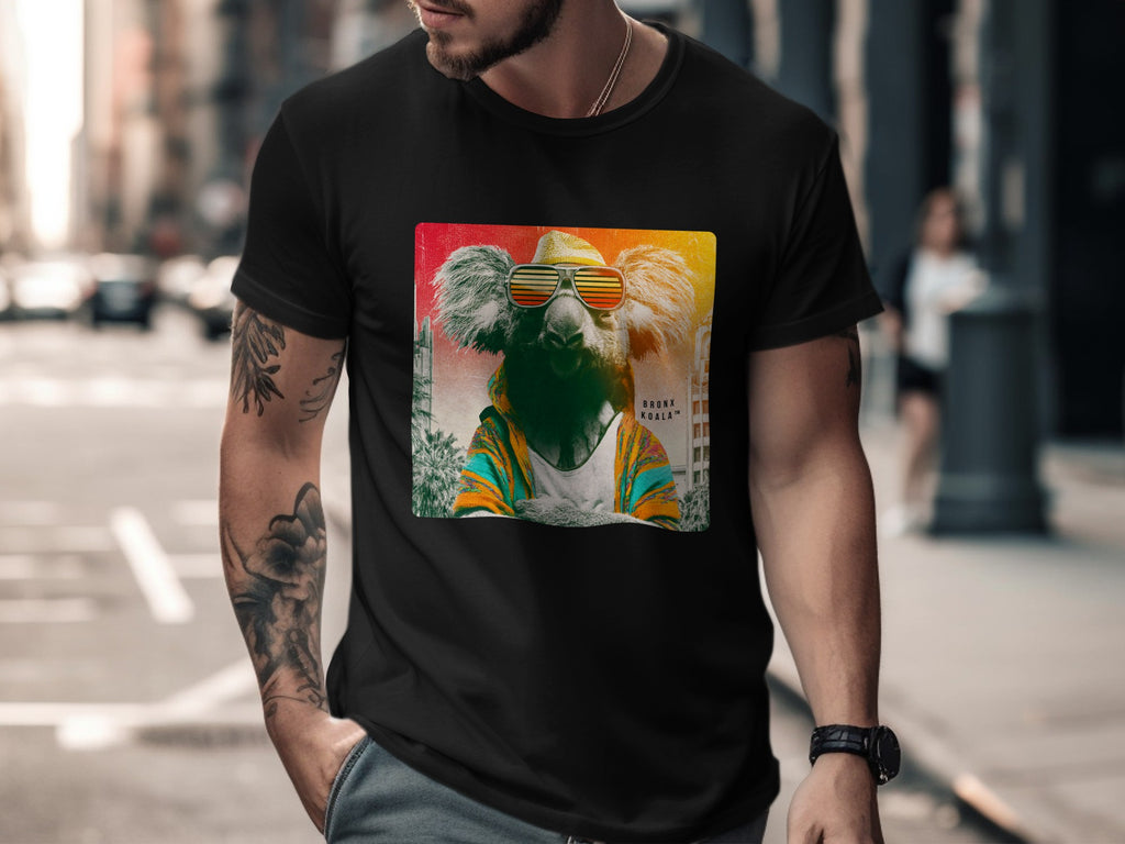 Man wearing a black t-shirt with a graphic of a koala in sunglasses.