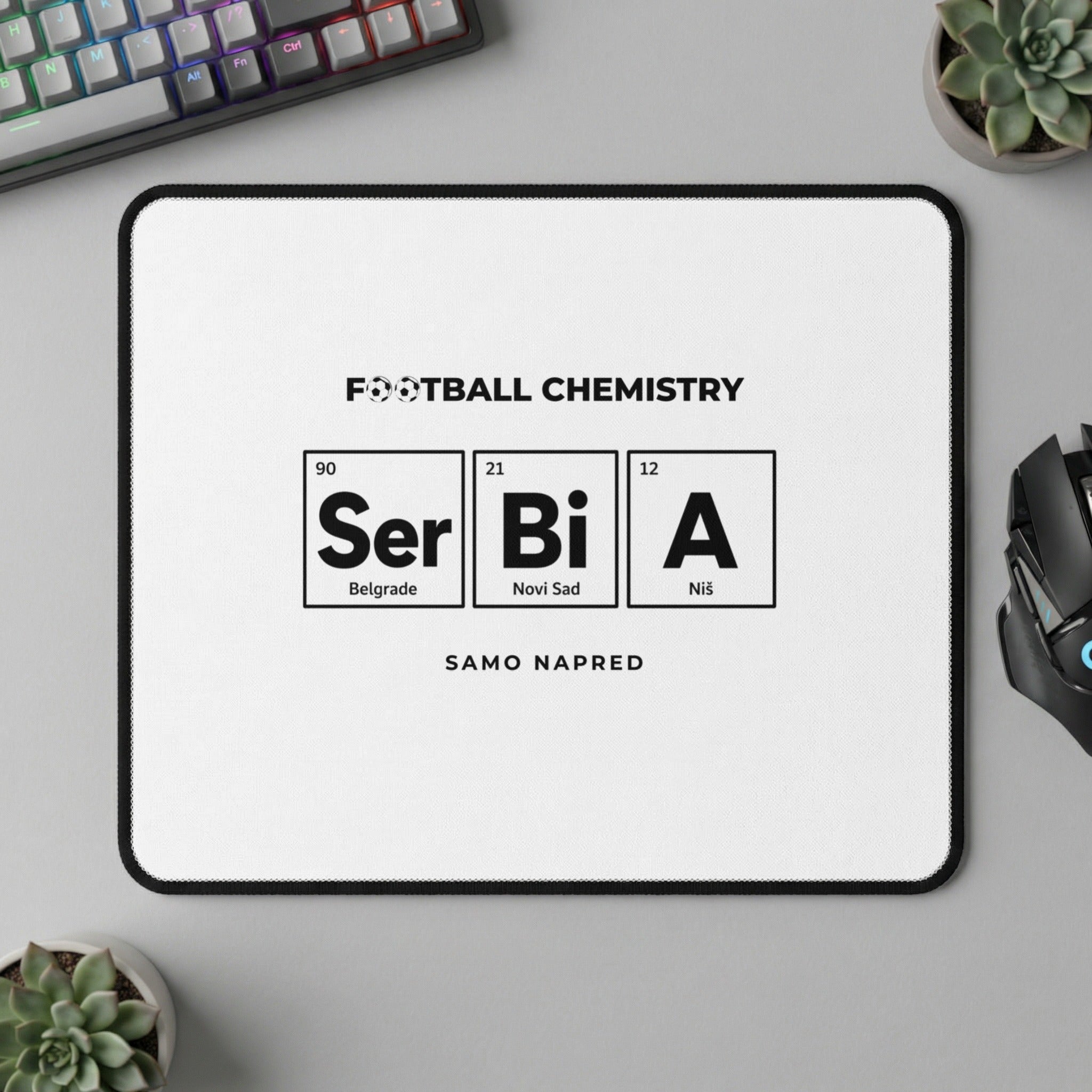 "Football Chemistry" mousepad with Ser, Bi, A elements representing Belgrade, Novi Sad, Niš.