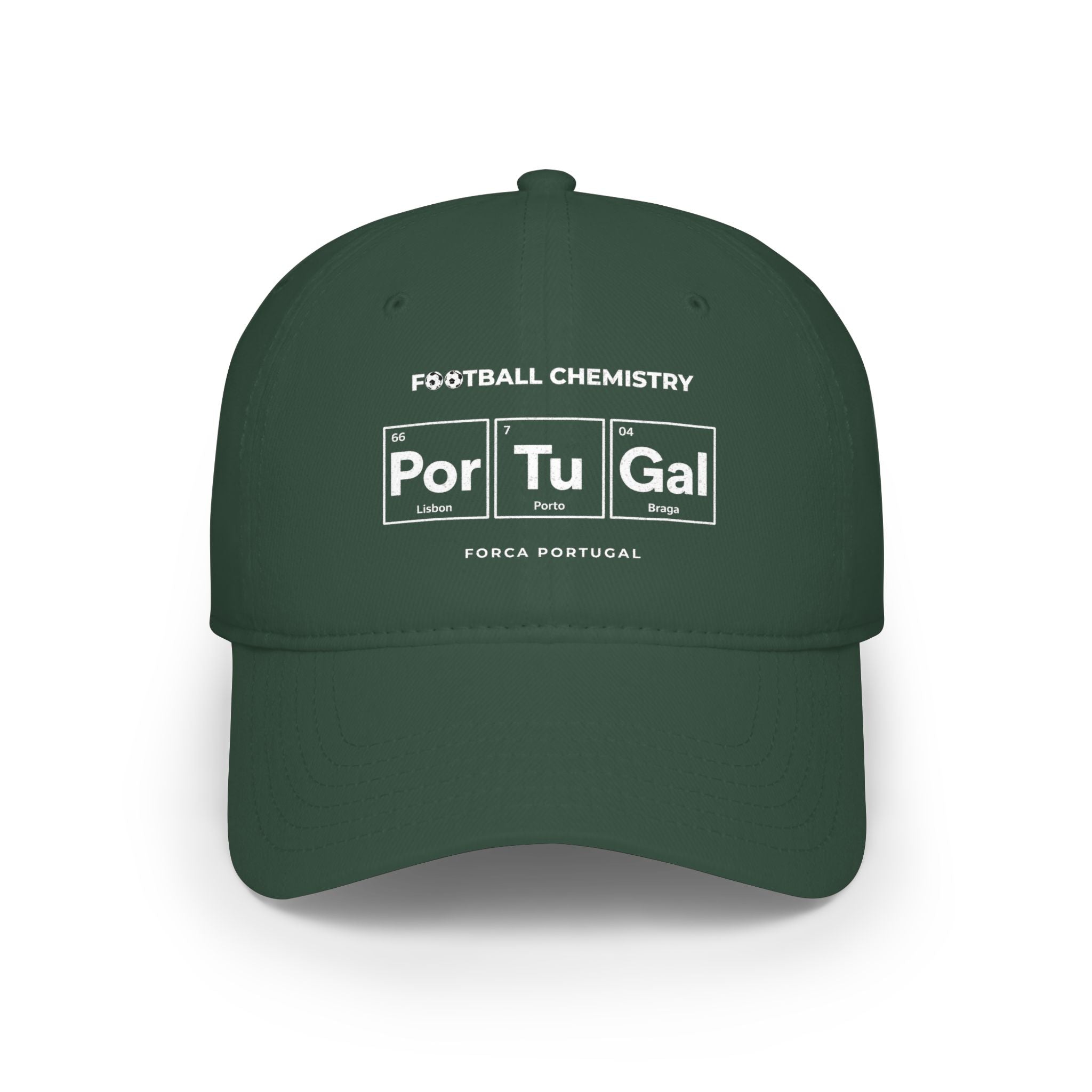 Green baseball cap with "Football Chemistry" and periodic table style element names.