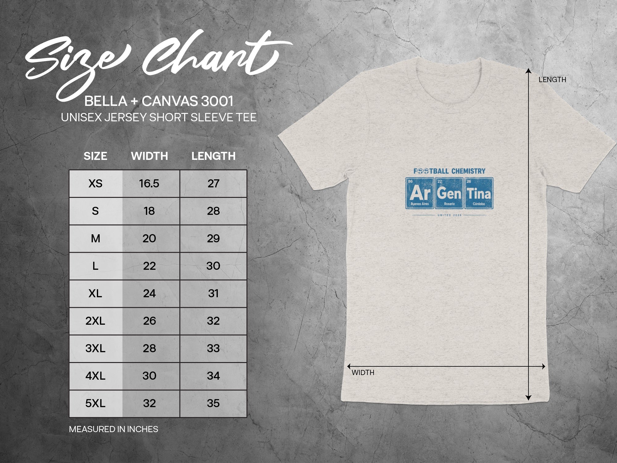 Size chart for BELLA + CANVAS 3001 unisex jersey t-shirt with dimensions.