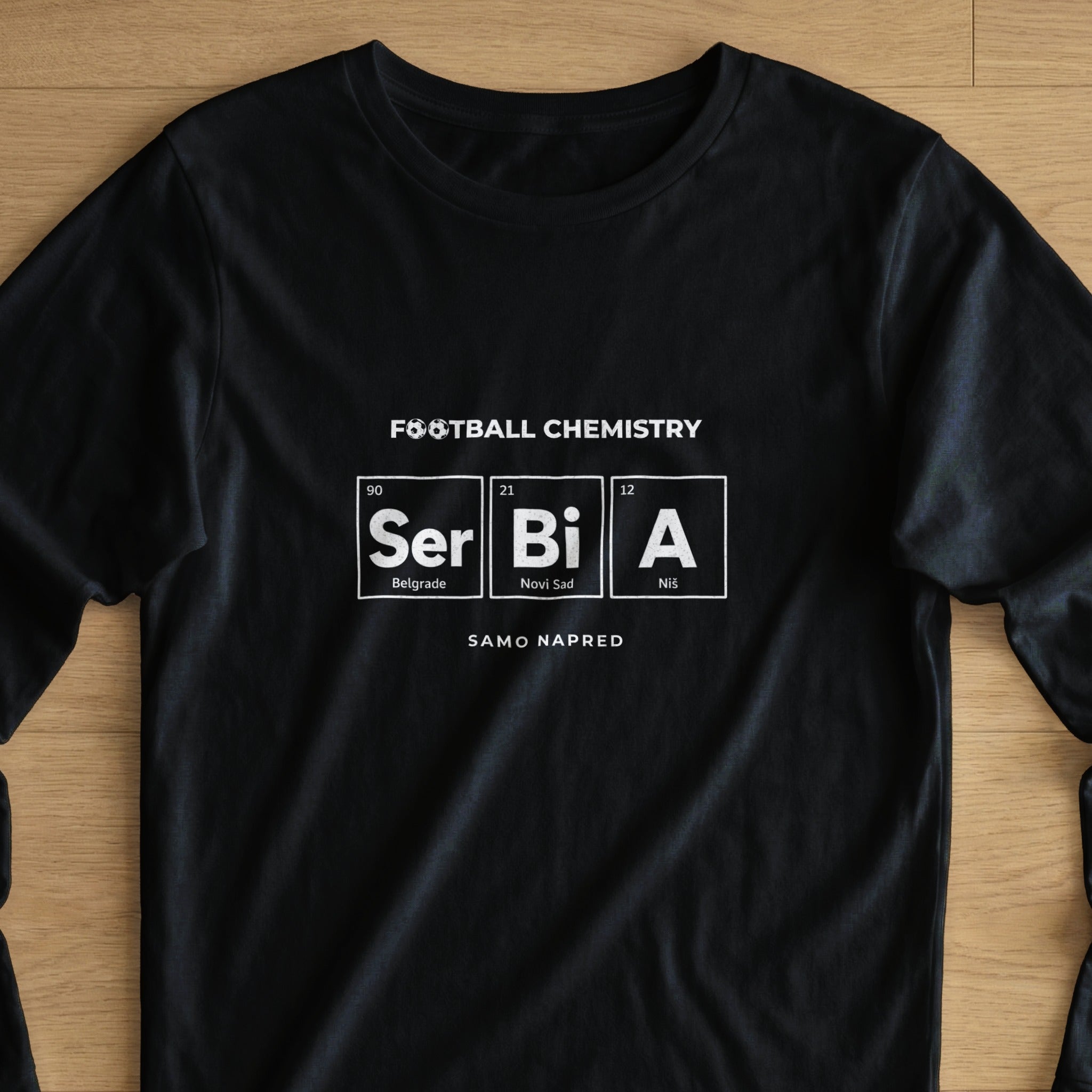 Black t-shirt with "Football Chemistry Serbia" and periodic table elements.