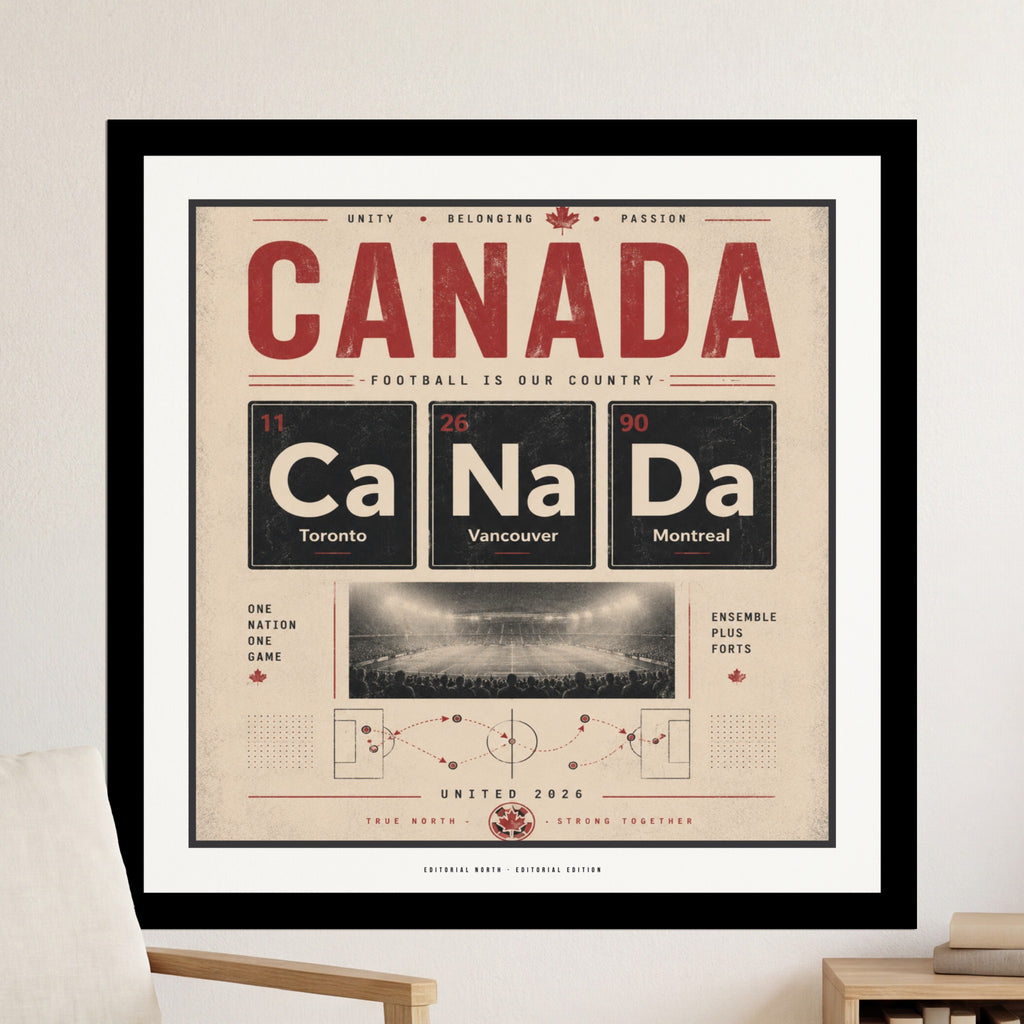 Canada featuring periodic table elements Ca, Na, Da and host cities for 2026 World Cup.