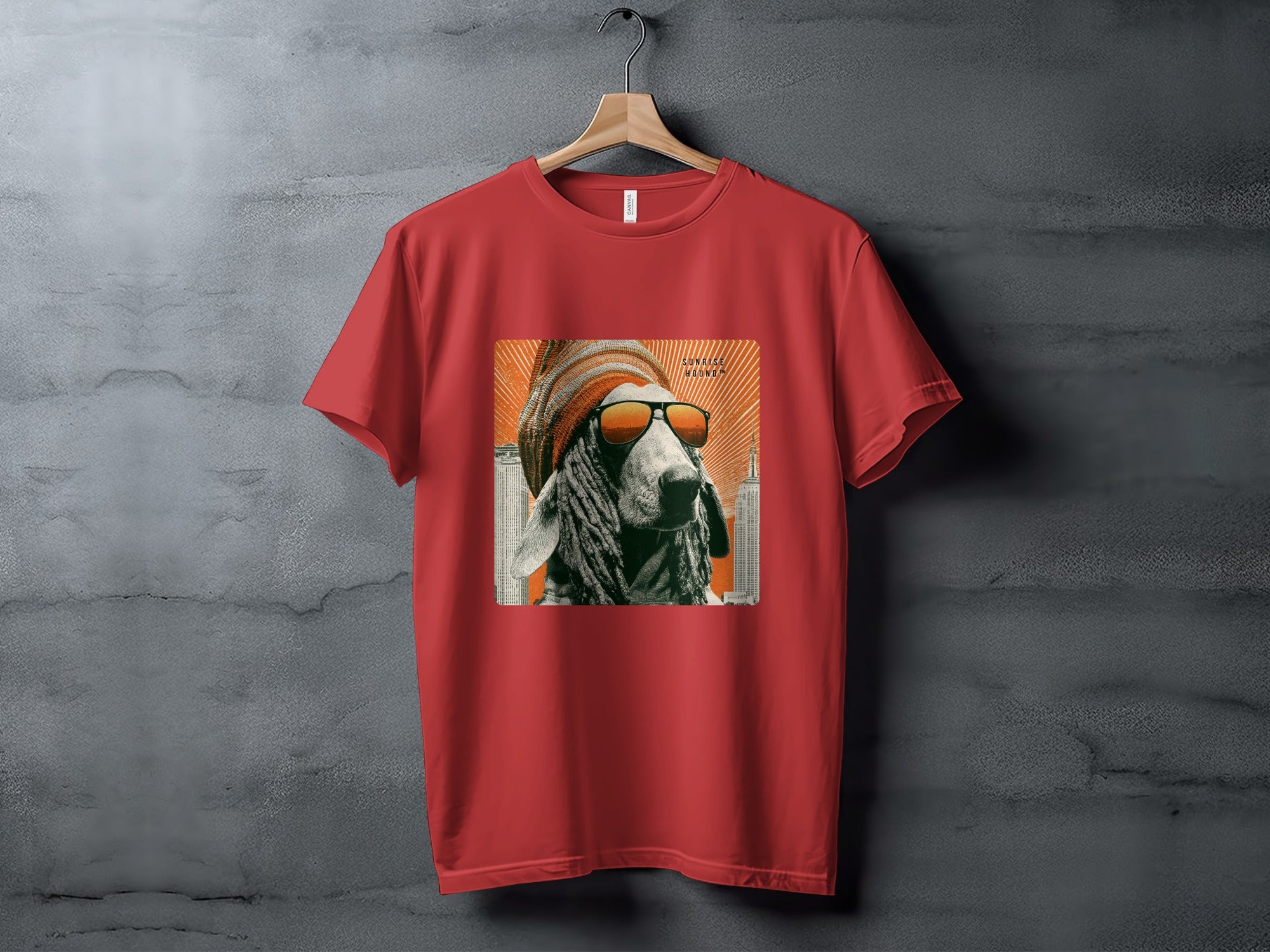 Red t-shirt with graphic of a dog wearing sunglasses and a beanie.