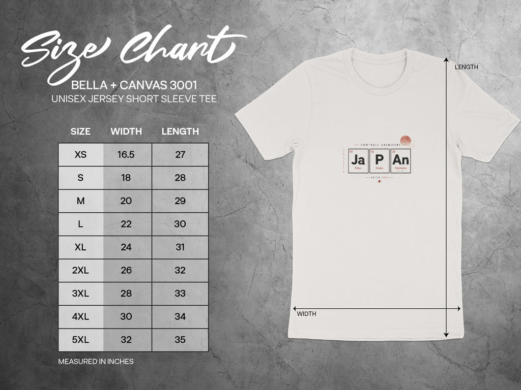 Bella + Canvas 3001 unisex t-shirt size chart with measurements in inches.