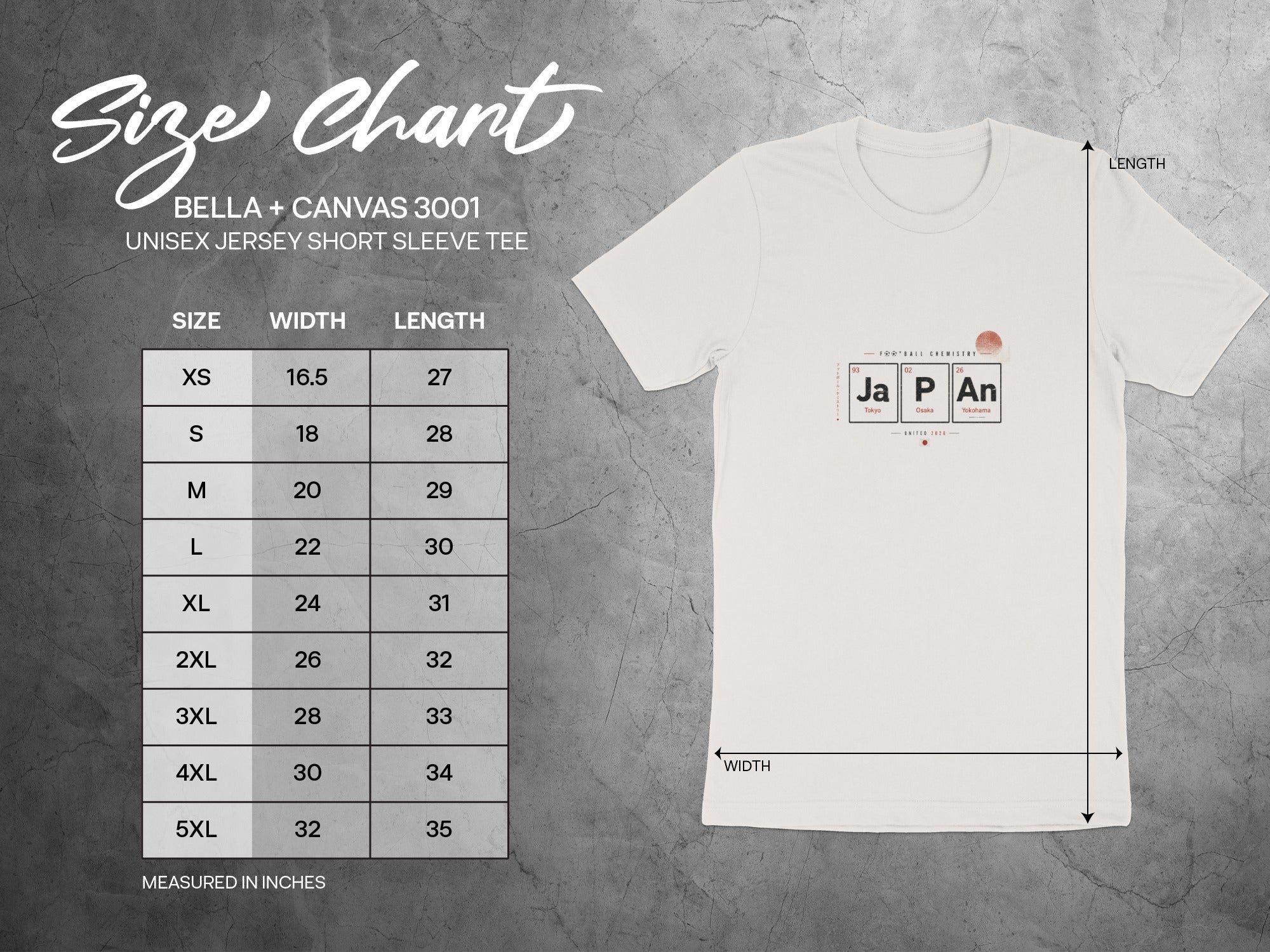 Bella + Canvas 3001 unisex t-shirt size chart with measurements in inches.