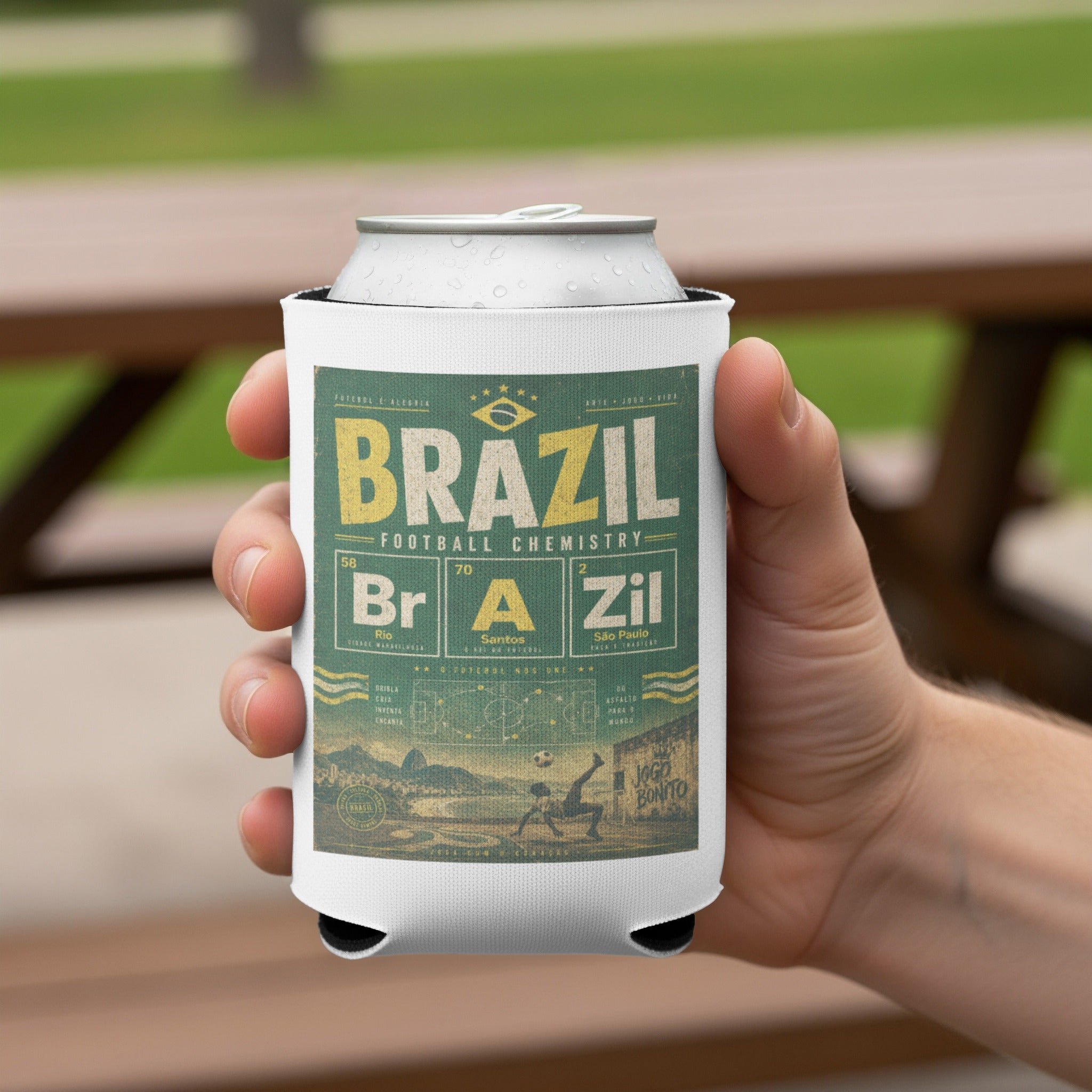Can cooler with "Brazil Football Chemistry" text and soccer imagery.