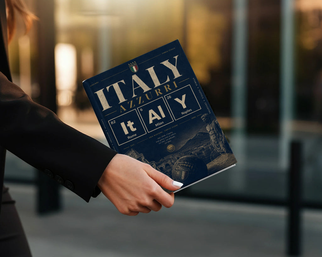Book cover for "Italy Azzurri," featuring a dark blue design with gold text and a map of Italy.