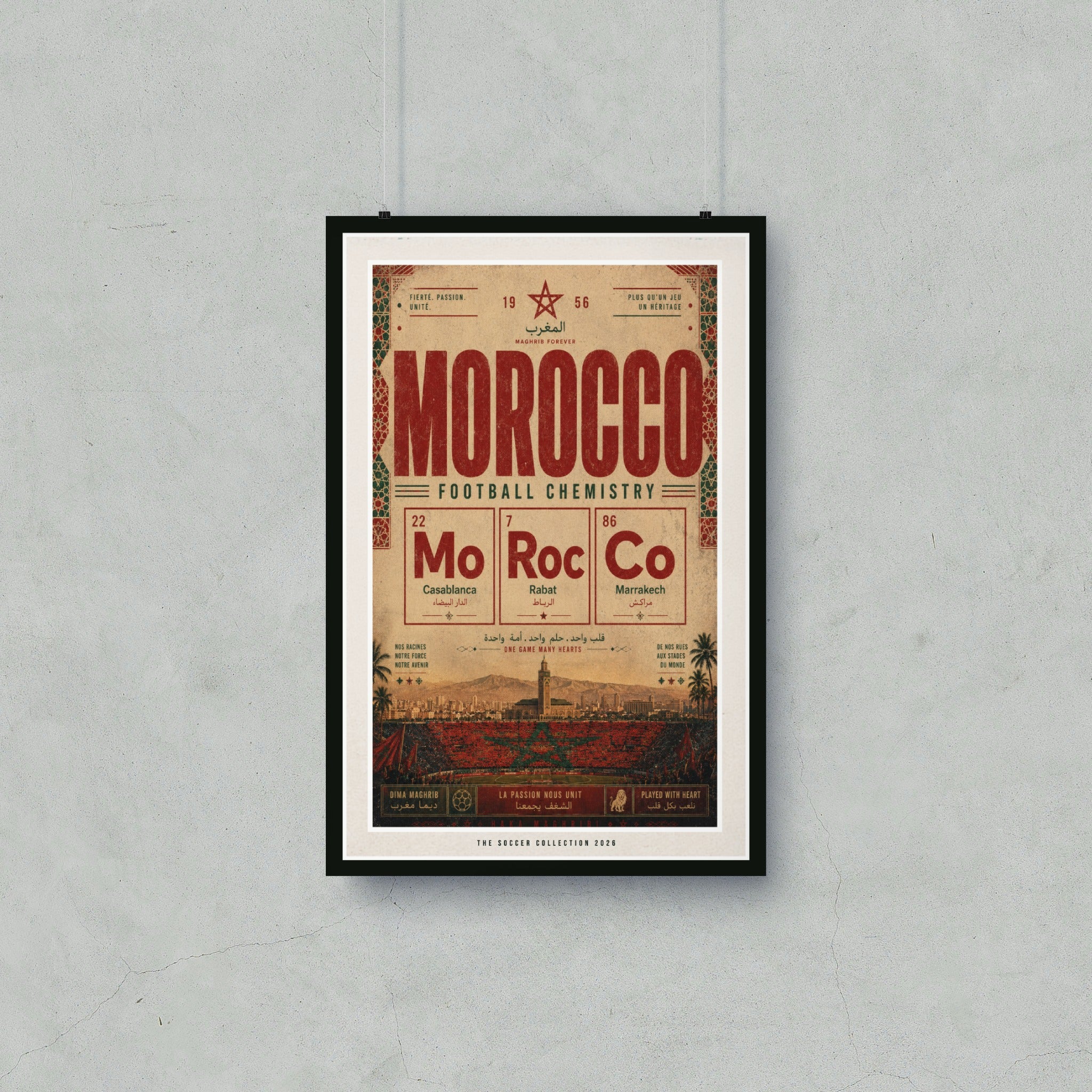 Morocco football chemistry poster with Casablanca, Rabat, and Marrakech.