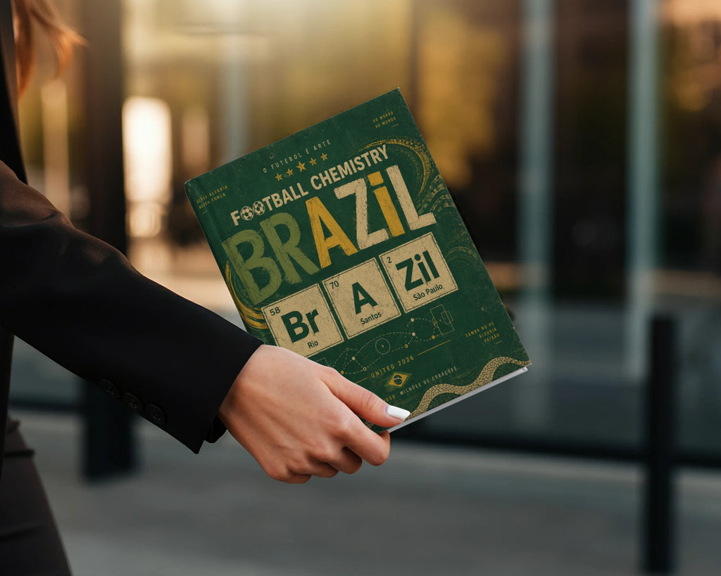 Football Chemistry book cover featuring Brazil, with text and city names.
