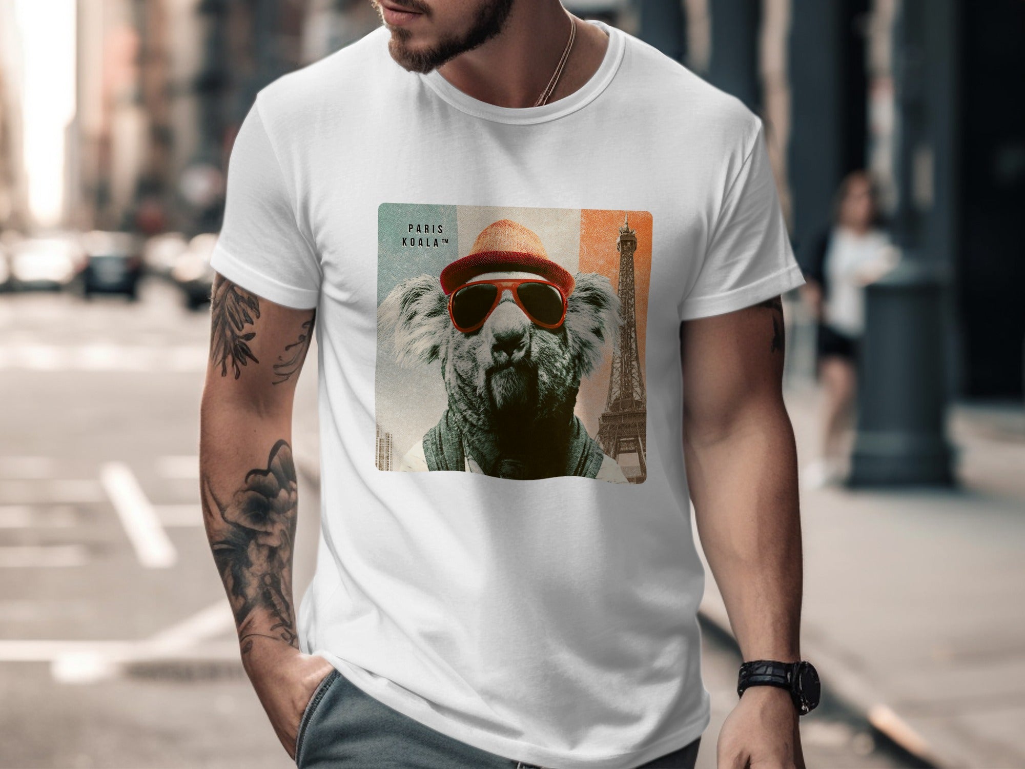 T-shirt with a stylized koala wearing sunglasses and a hat, Paris Koala text.