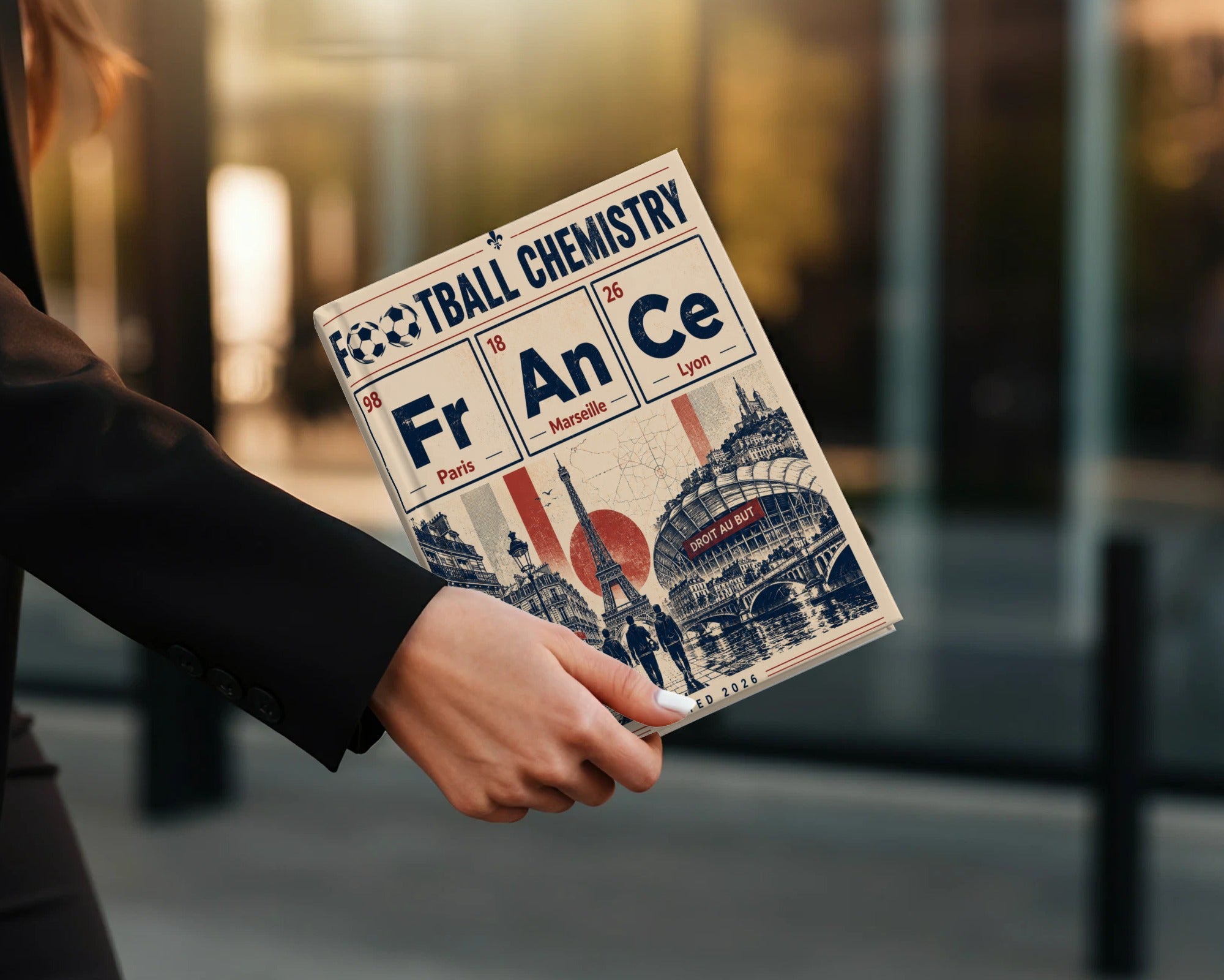 Football Chemistry magazine cover with city names and chemical symbols.