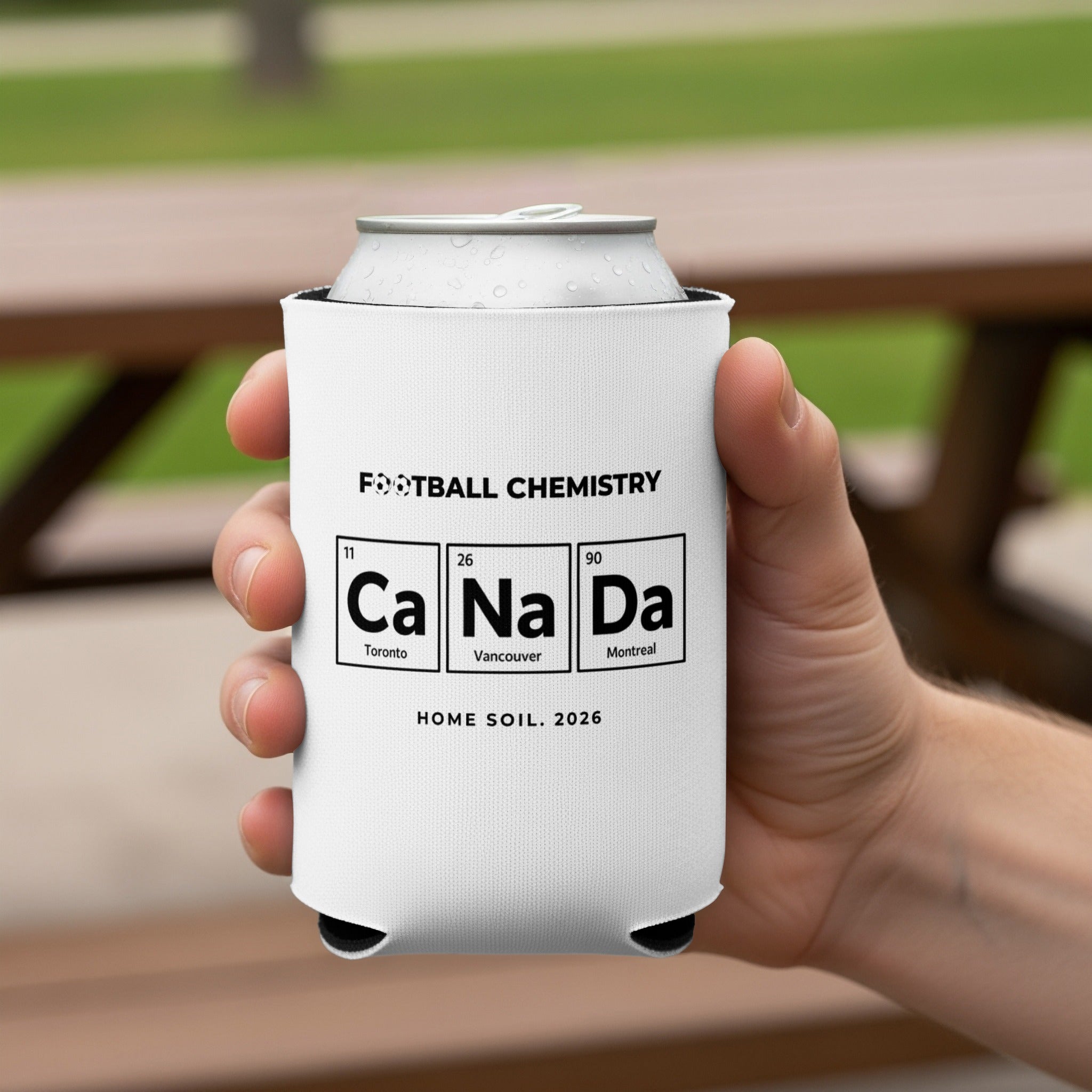 Can cooler with "FOOTBALL CHEMISTRY" and elements Ca Na Da.