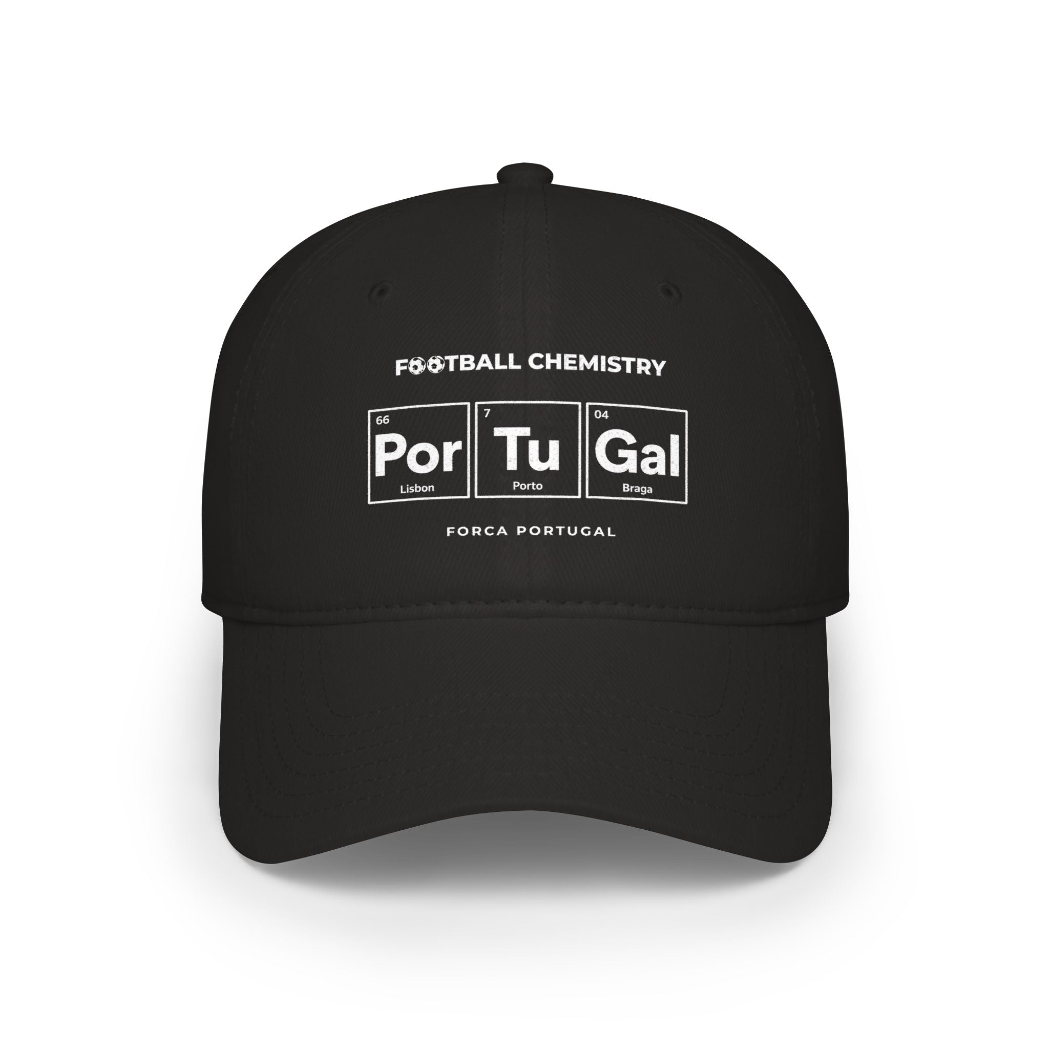 Black baseball cap with "Football Chemistry" and chemical symbols for Lisbon, Porto, and Braga.