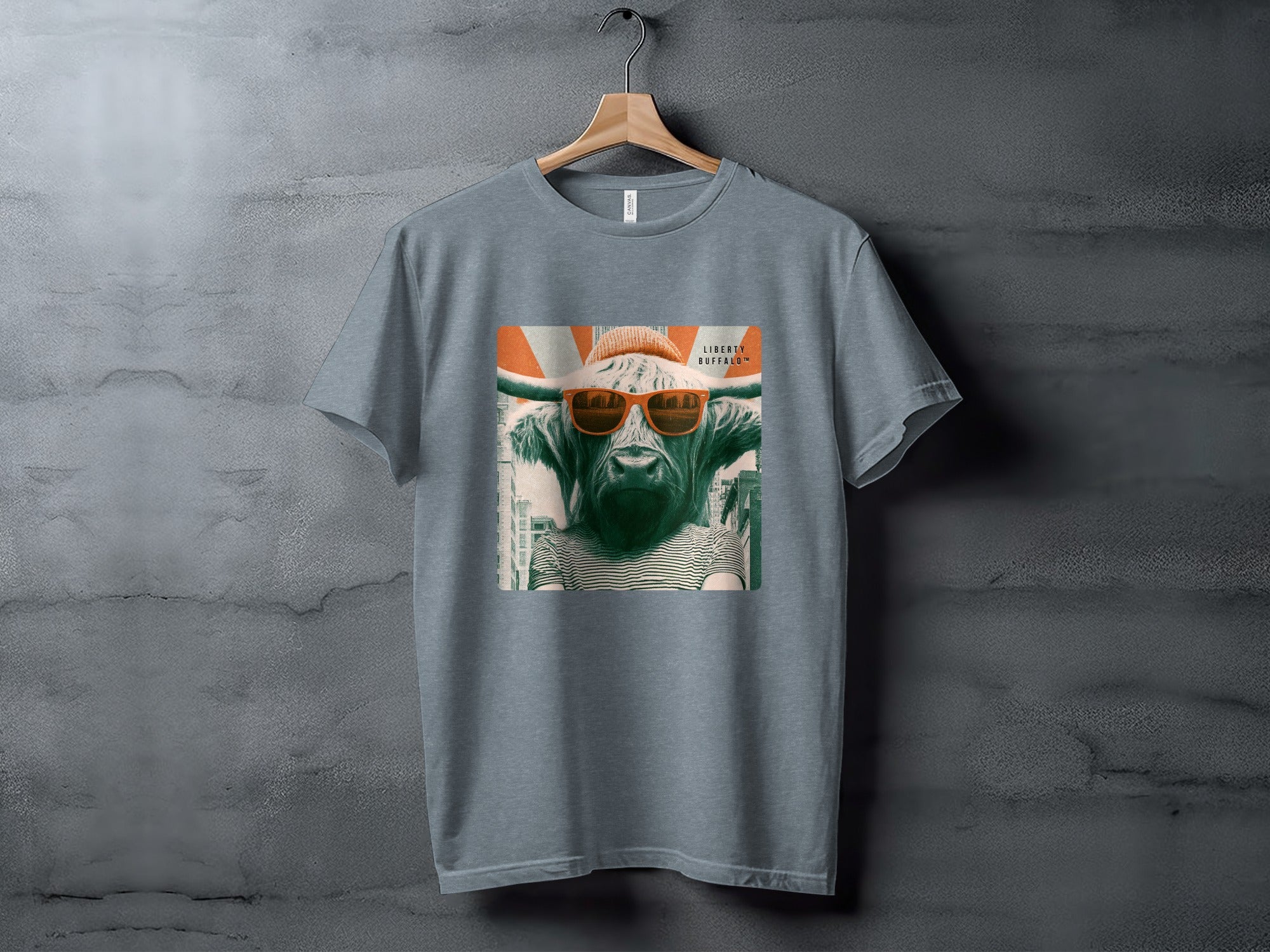 Gray t-shirt with a bull wearing sunglasses and a beanie.