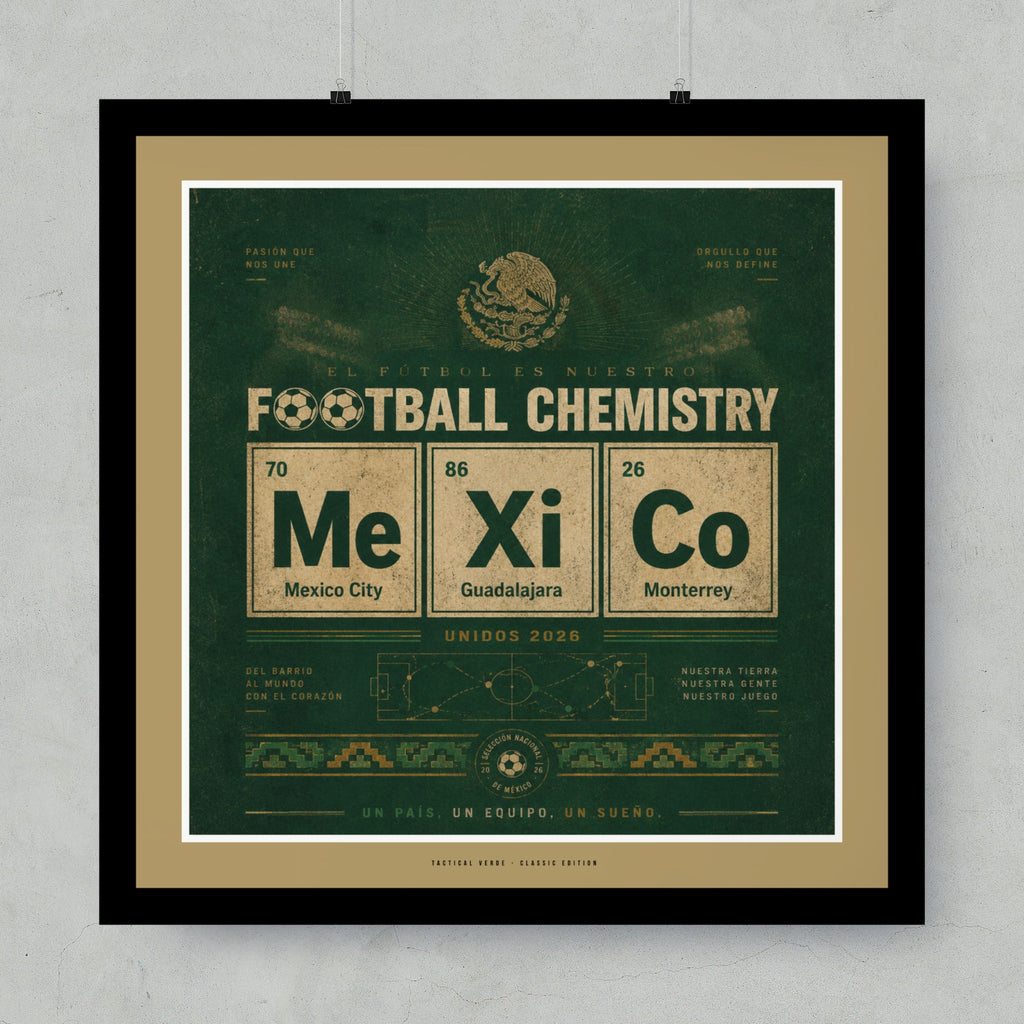Football Chemistry design featuring Mexico, Guadalajara, and Monterrey with soccer elements.