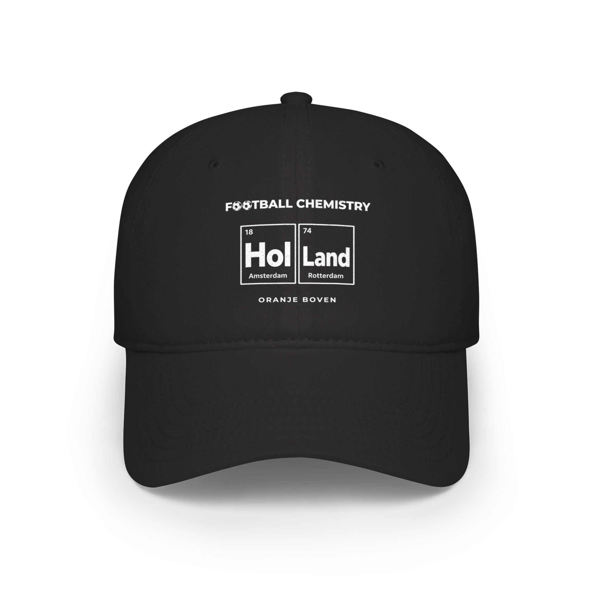 Black baseball cap with "FOOTBALL CHEMISTRY" and "Hol Land" text.